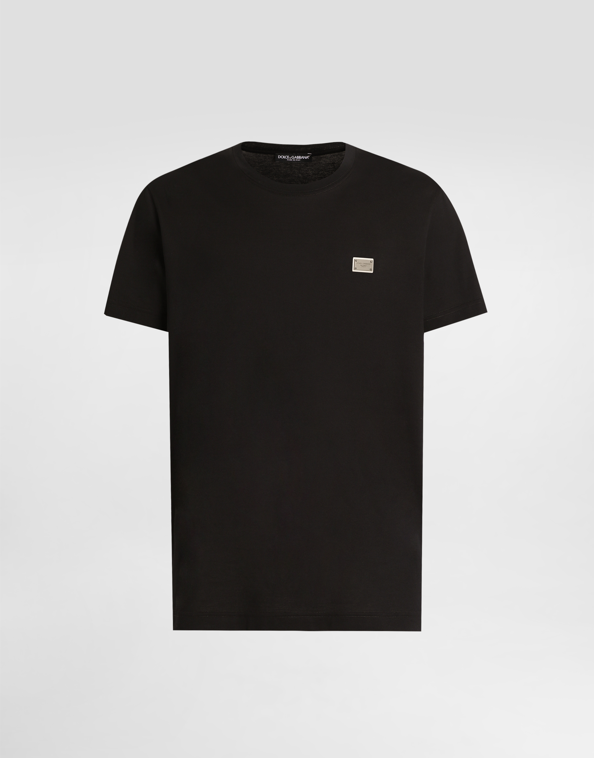 Dolce & Gabbana Cotton T-shirt With Metal Plaque Featuring Front Logo In Black