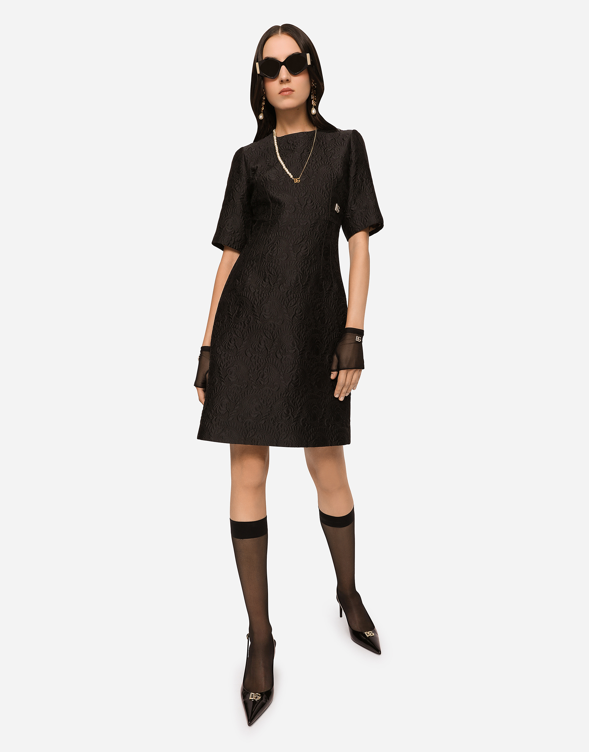 Dolce & Gabbana Black Floral Jacquard Midi Dress In Black
