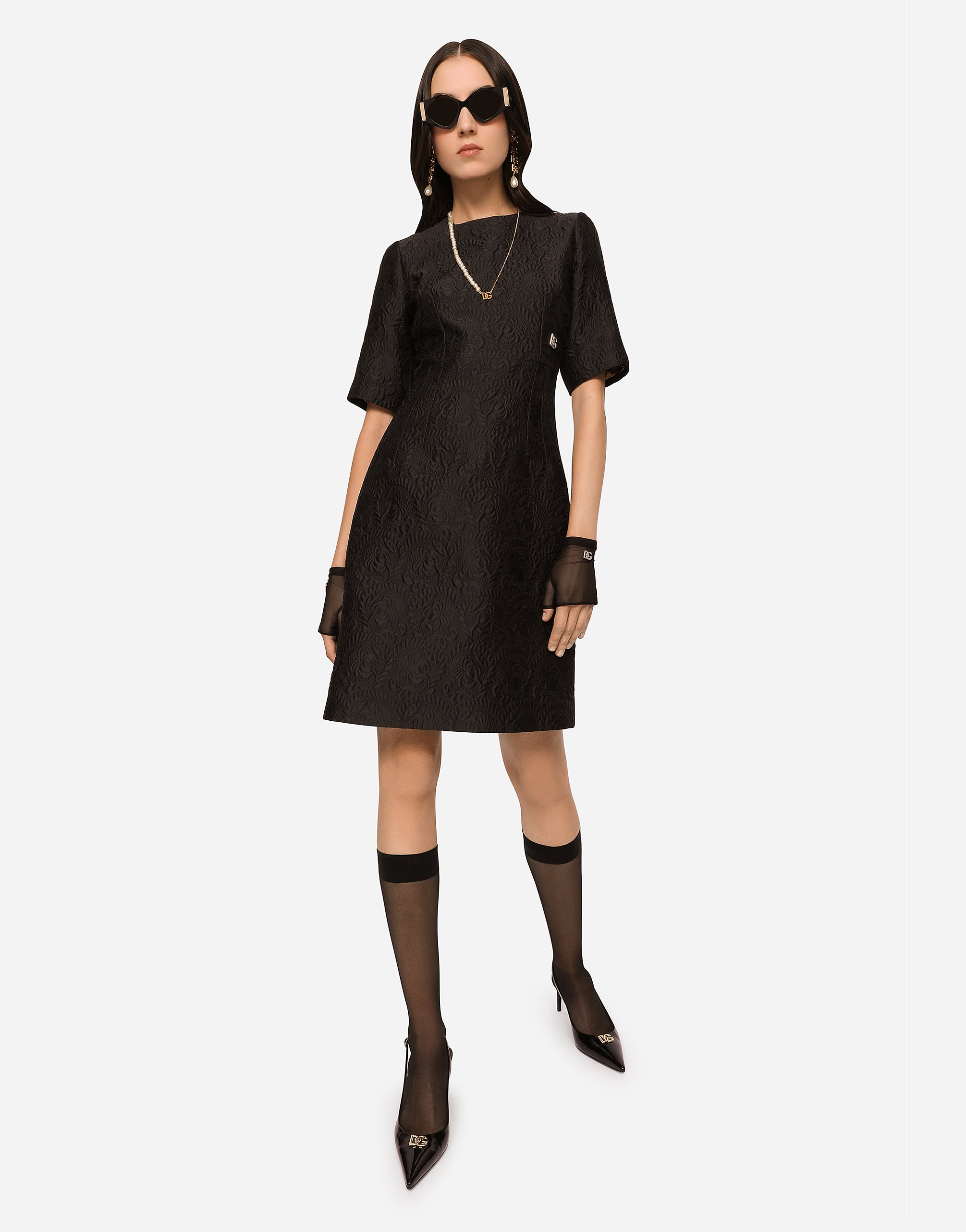 Dolce & Gabbana Black Floral Jacquard Midi Dress In Black