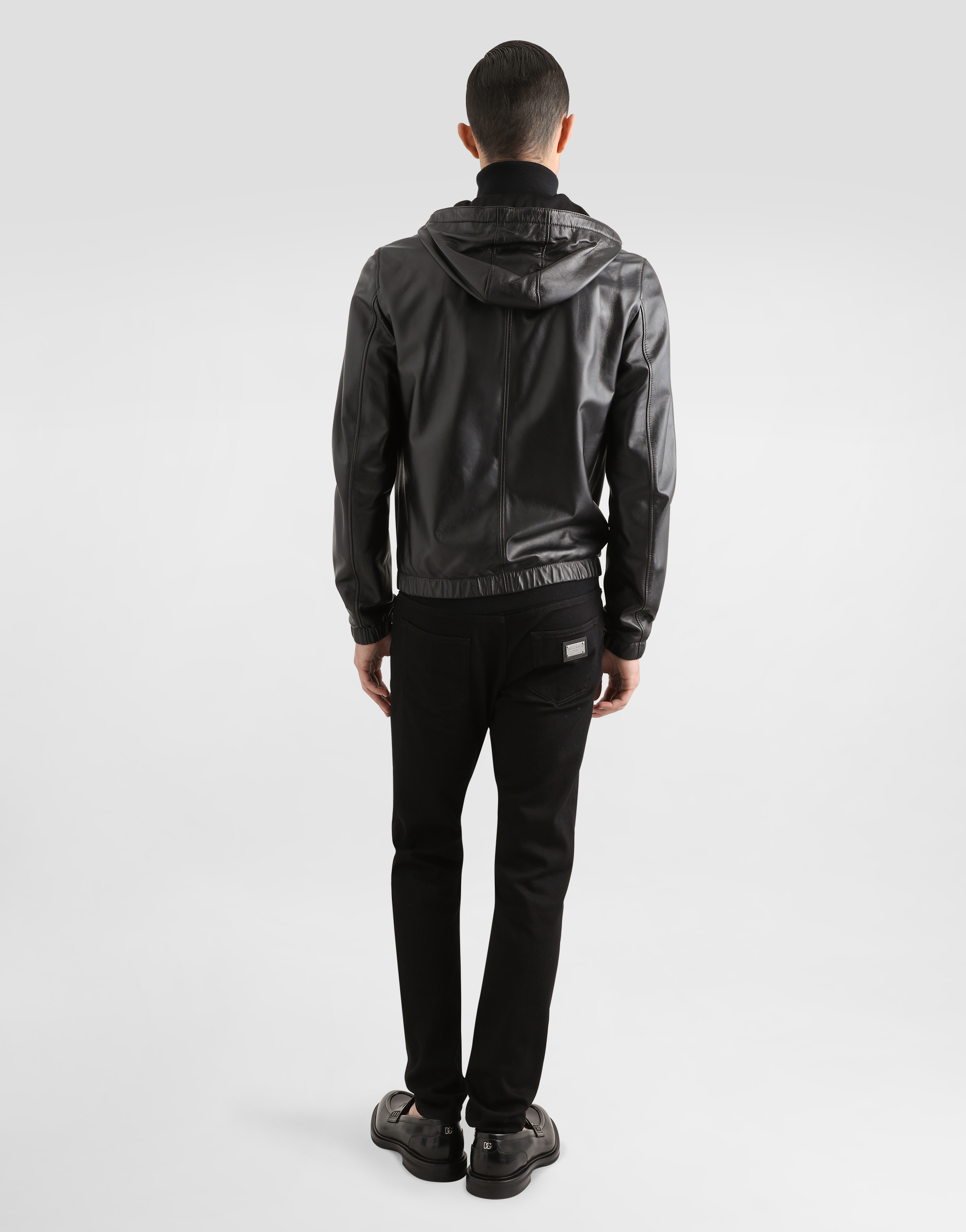 Dolce & Gabbana Leather Jacket With Hood And Branded Tag In Black