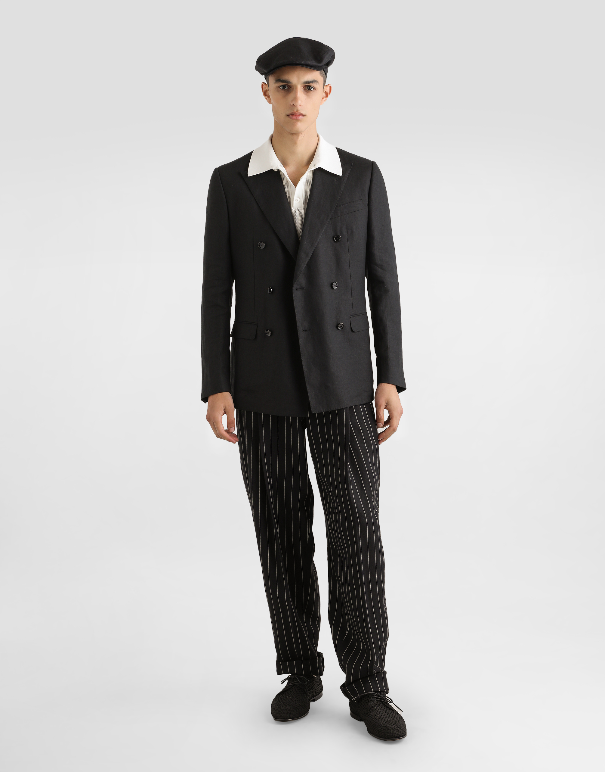 Pinstripe linen-blend pants with double darts