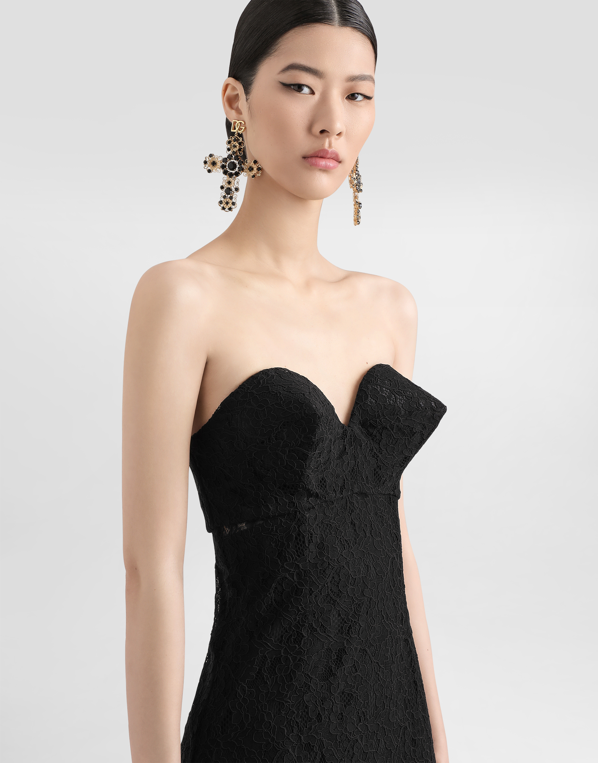 Dolce & Gabbana Strapless Lace Dress With Conical Cups In Black