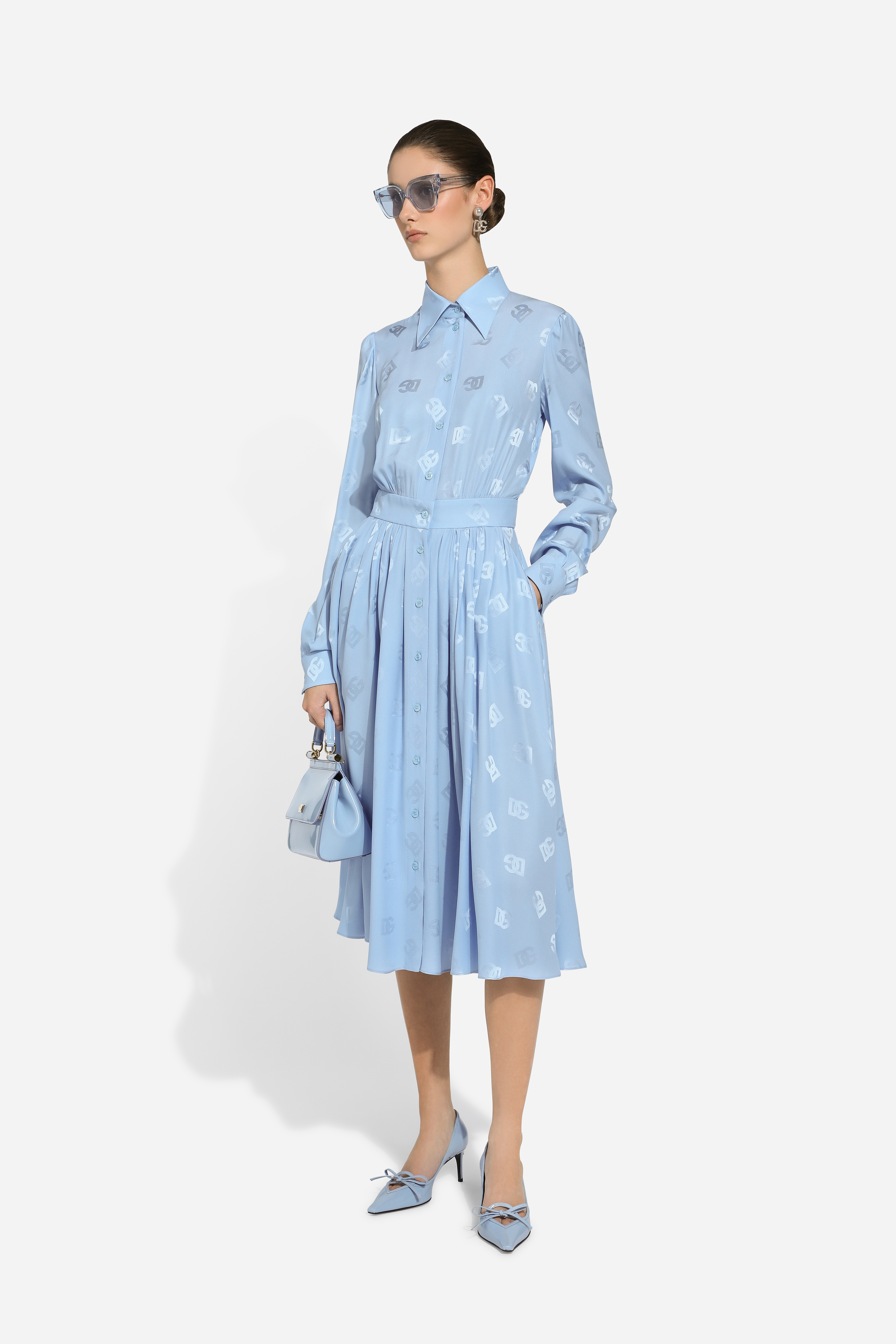 Dolce & Gabbana Silk Satin Jacquard Shirt Dress With Dg Logo In Purple