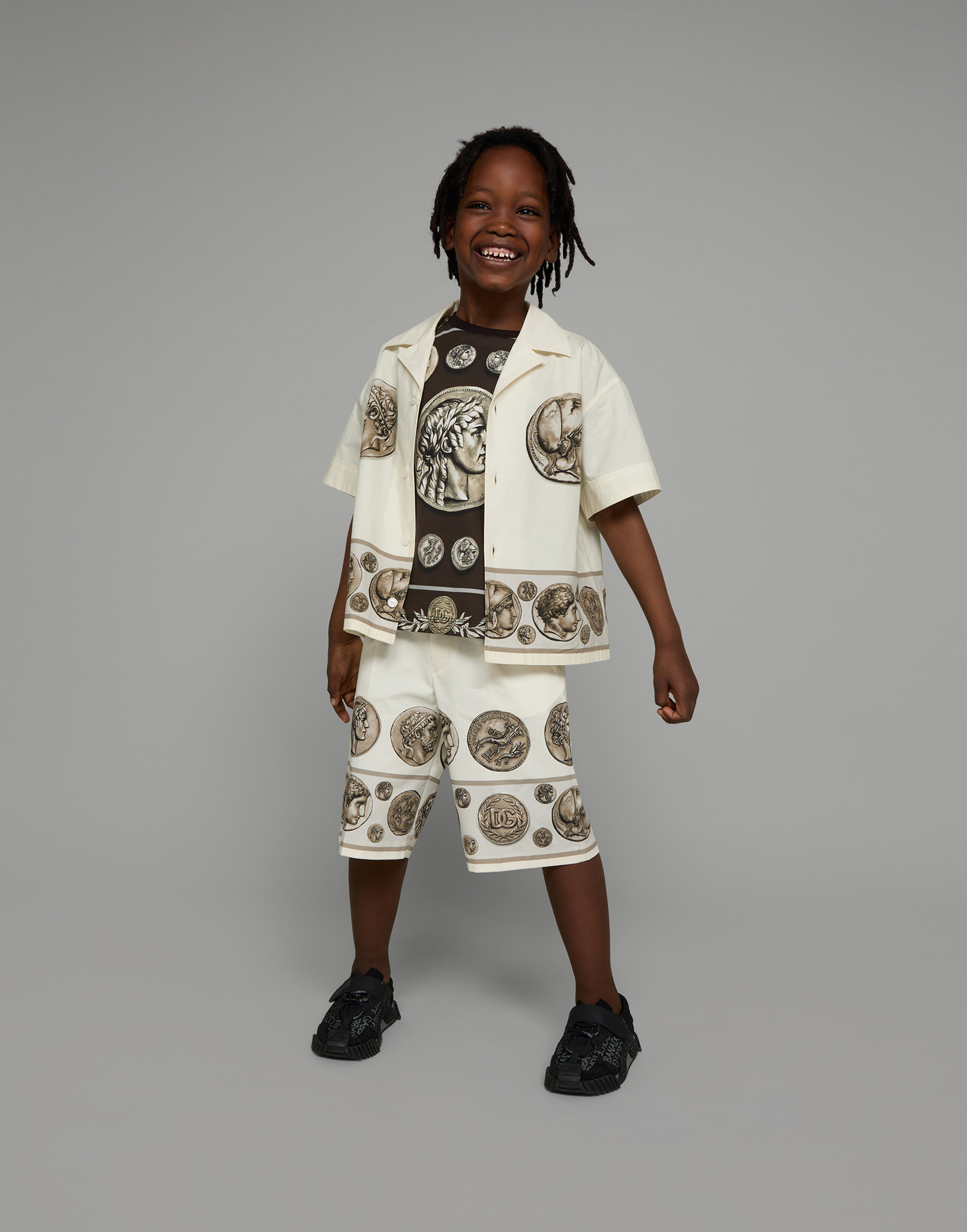 DOLCE & GABBANA SHORT-SLEEVED POPLIN SHIRT WITH COIN PRINT