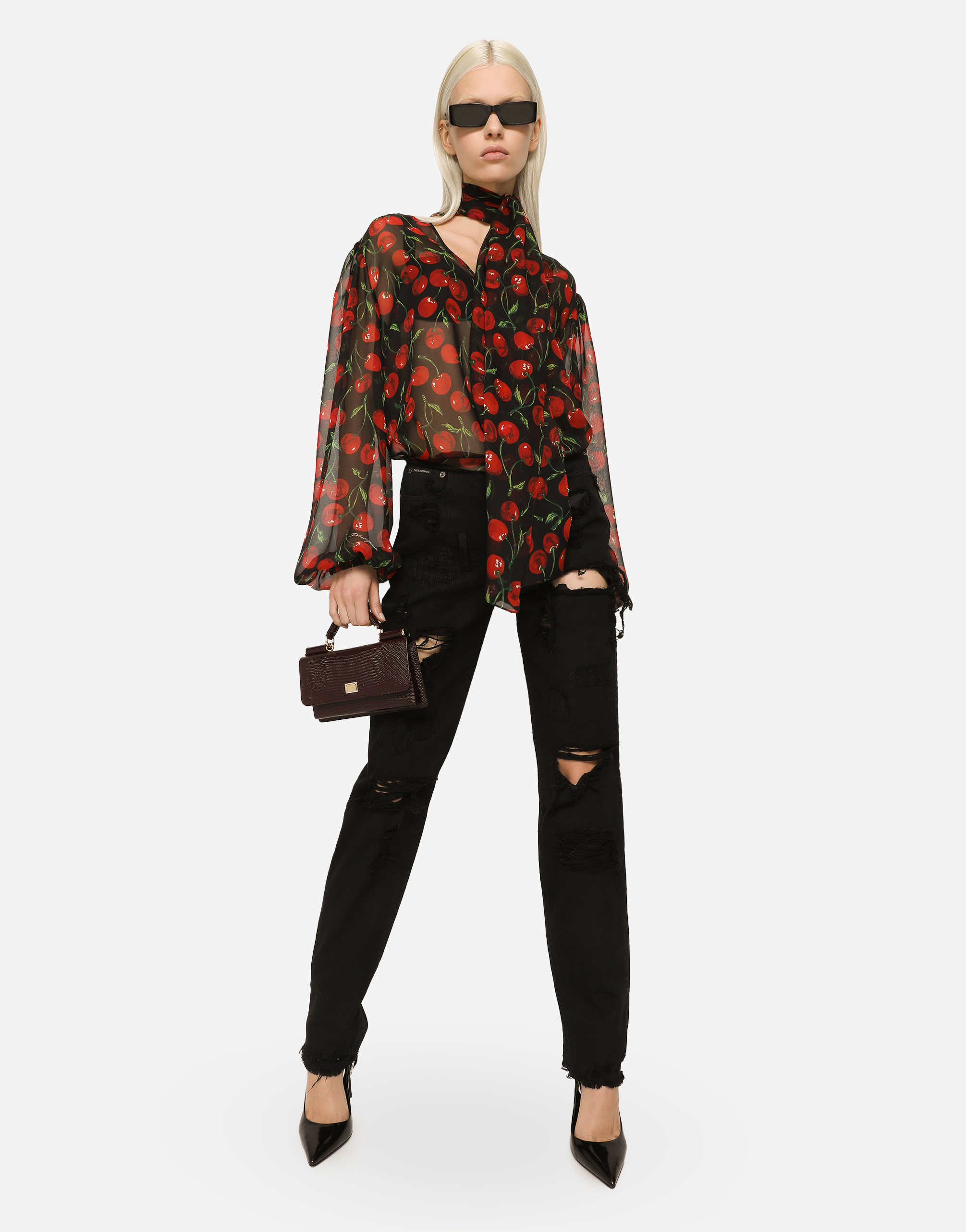 DOLCE & GABBANA CHERRY-PRINT CHIFFON PUSSY-BOW BLOUSE