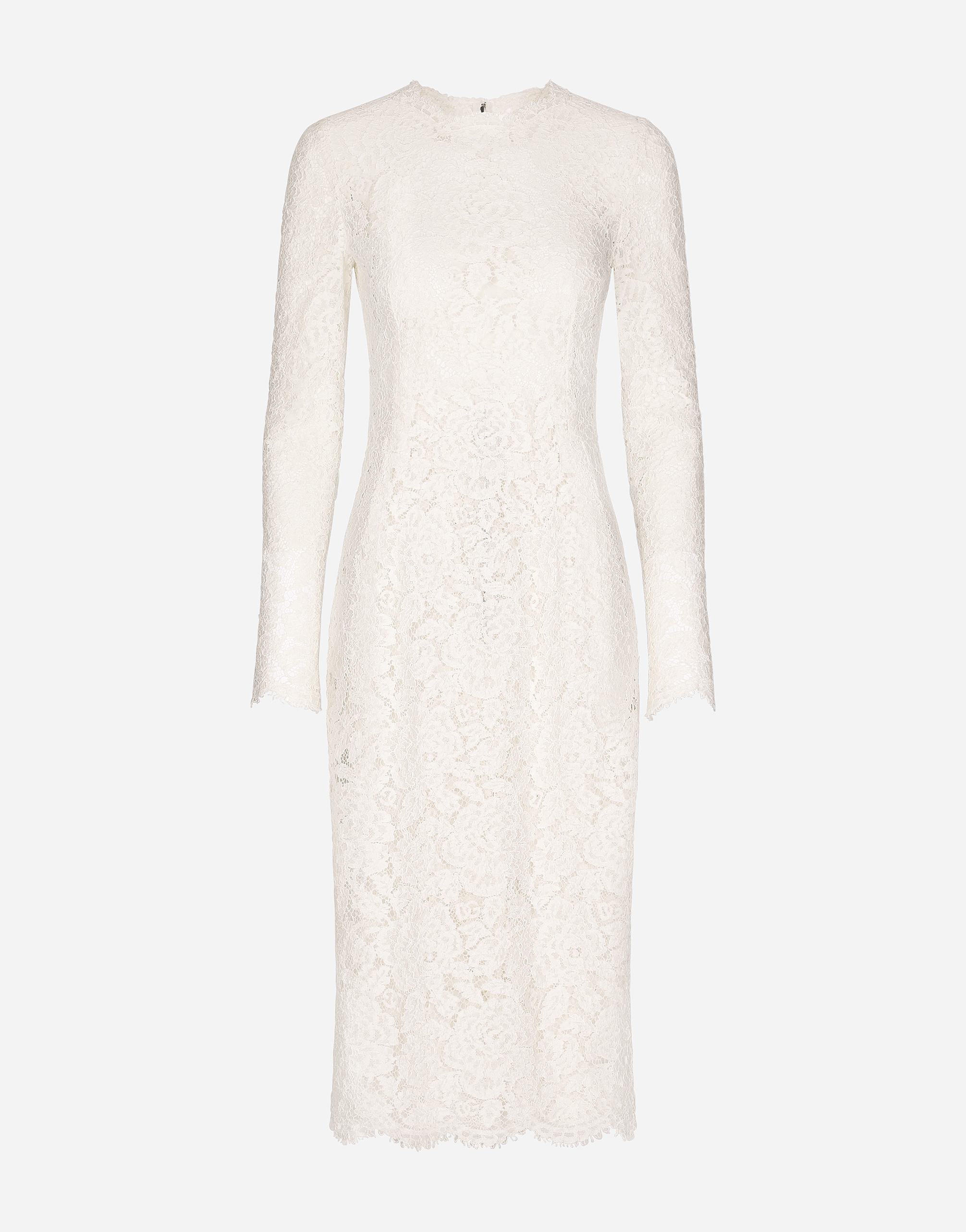 Long-sleeved branded stretch lace dress in White for Women | Dolce&Gabbana®