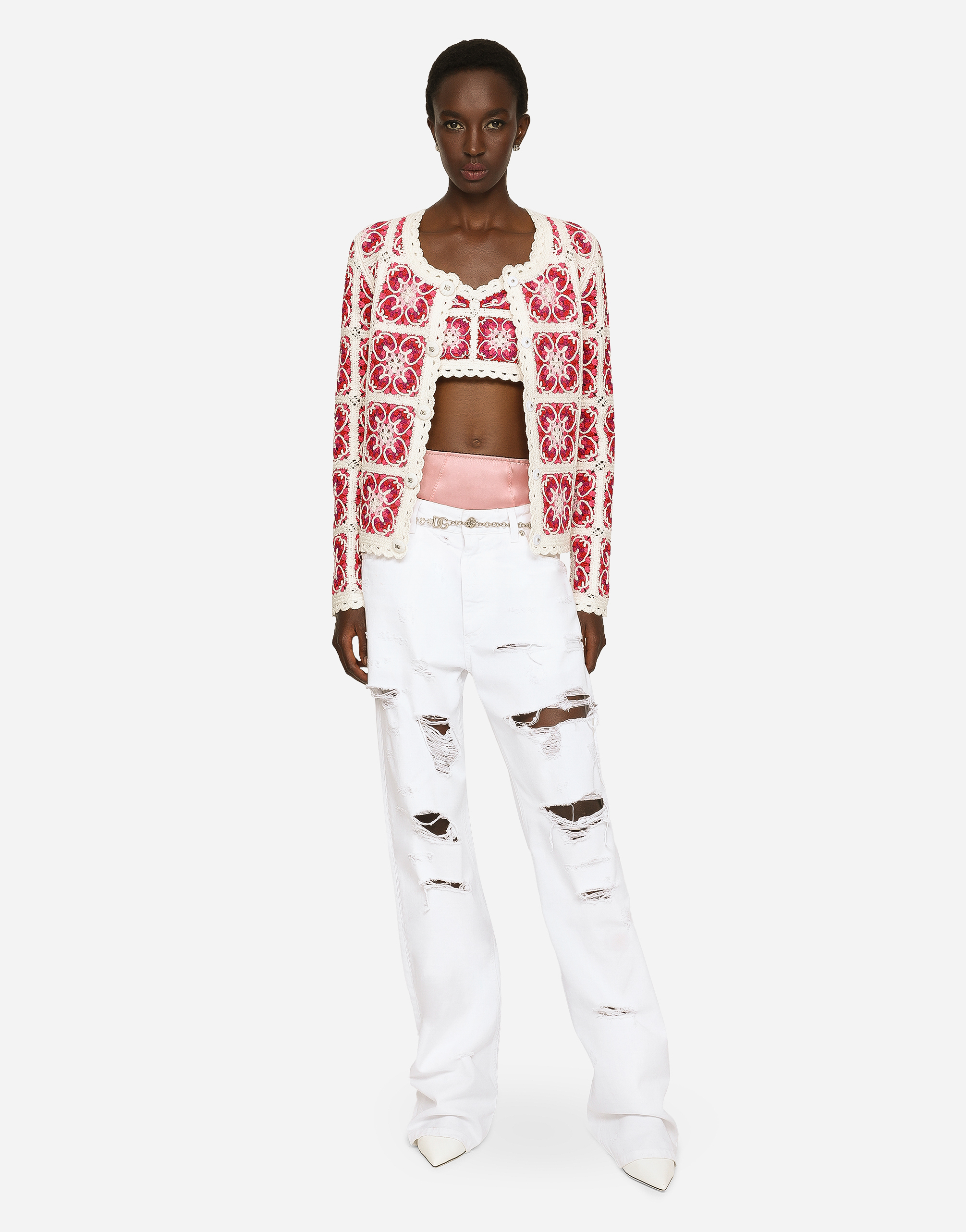 DOLCE & GABBANA BRICK-STITCHED CROCHET CARDIGAN WITH MAJOLICA PRINT