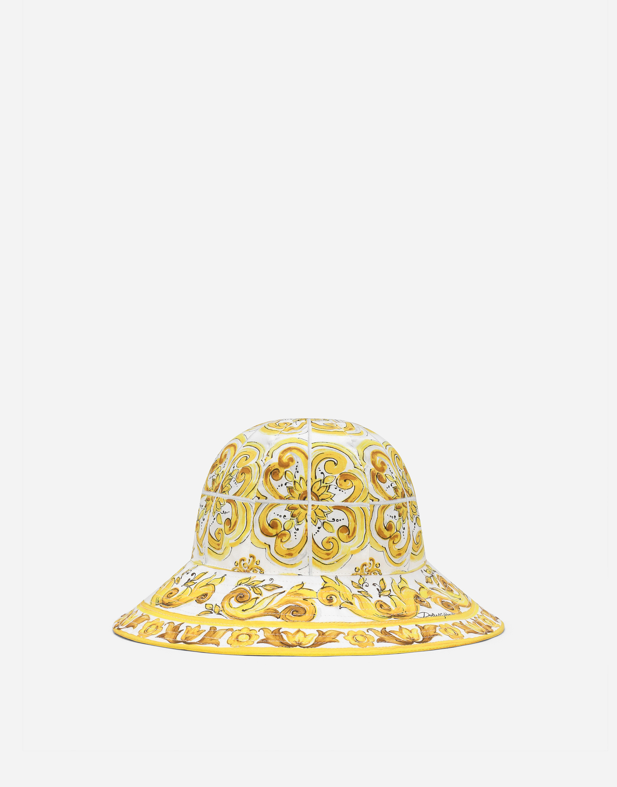 Dolce & Gabbana Poplin Bucket Hat With Yellow Majolica Print In Print