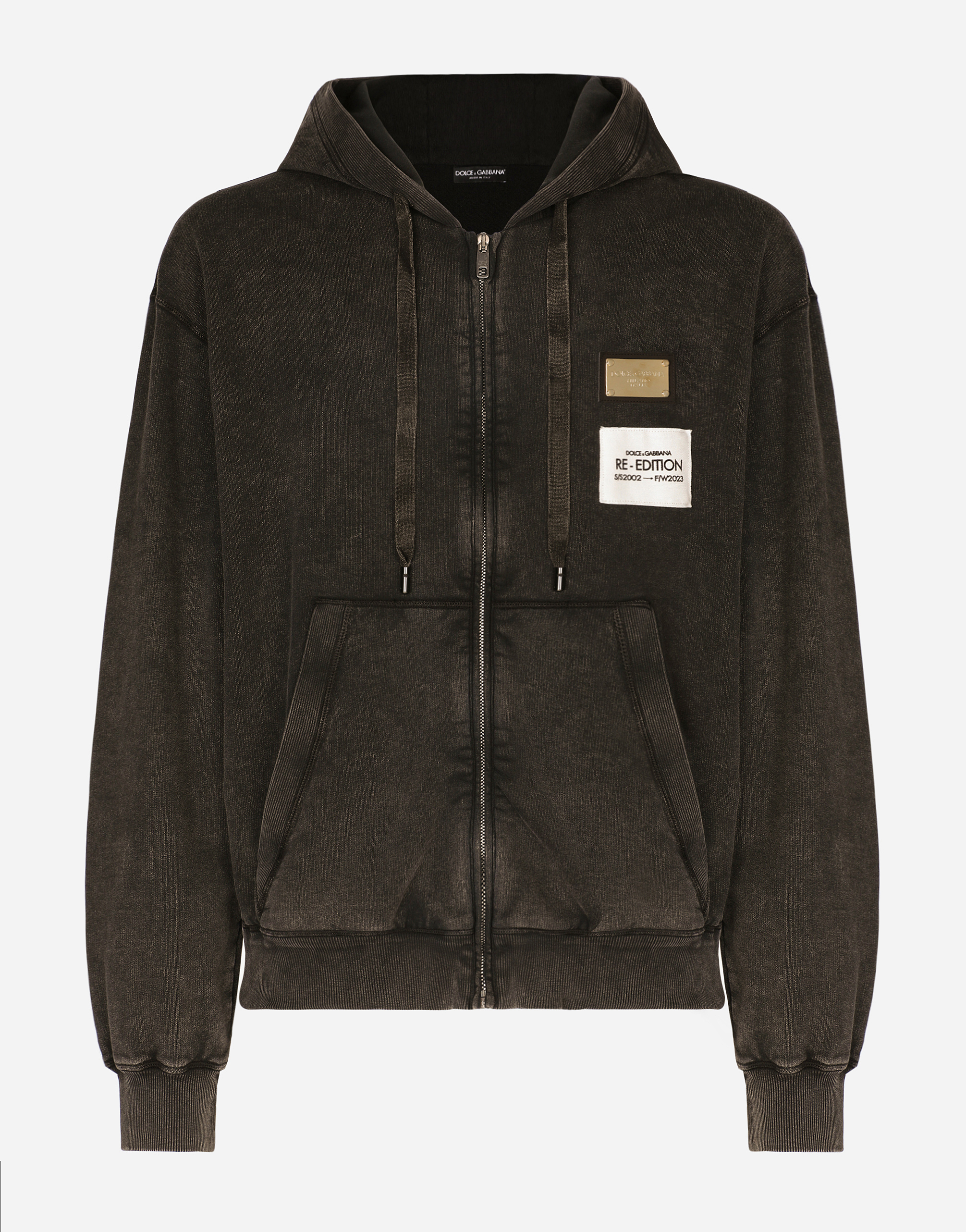 DOLCE & GABBANA WASHED JERSEY HOODIE WITH LOGO ZIPPER