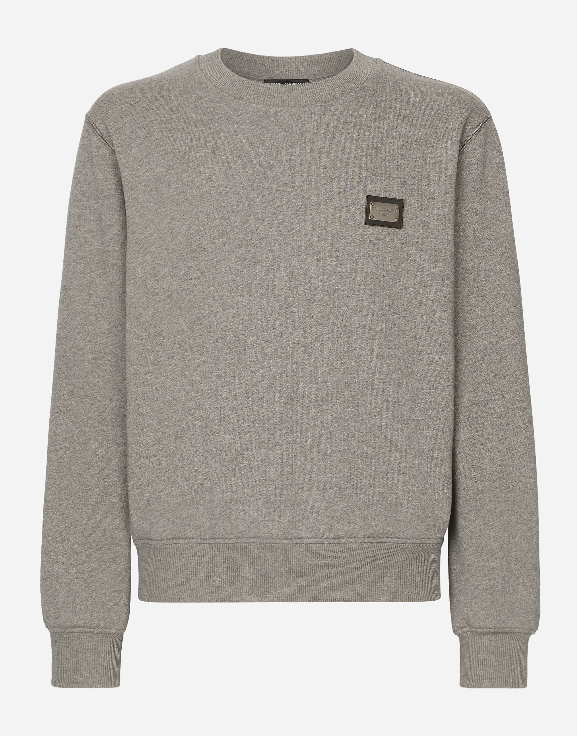 Dolce & Gabbana Male Grey Jersey Sweatshirt With Branded Tag - Man Sweatshirts Gray Cotton Size 54