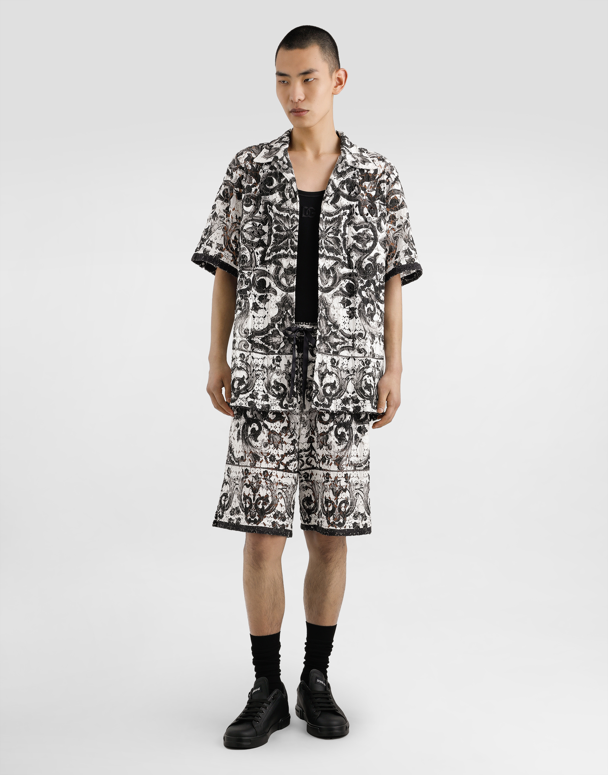 Majolica-print hawaii crochet lace shirt