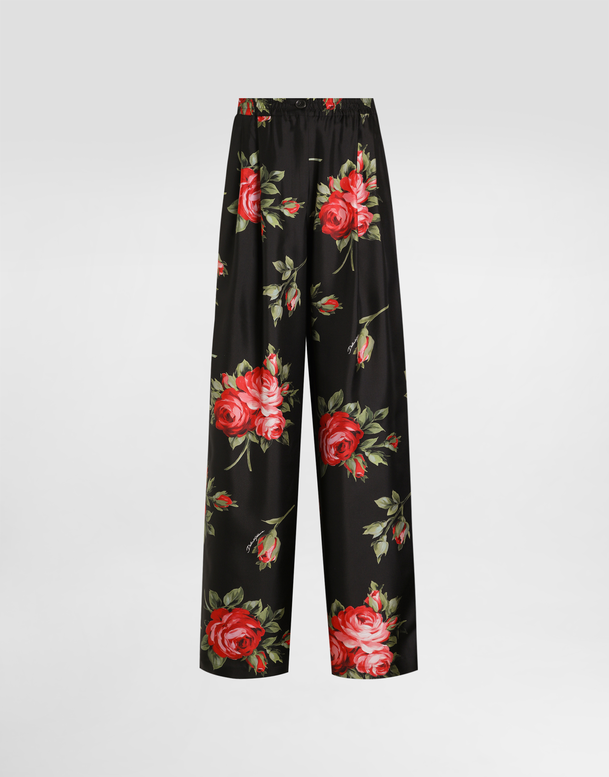 Rose bouquet-print wide twill trousers in Multicolor for Women