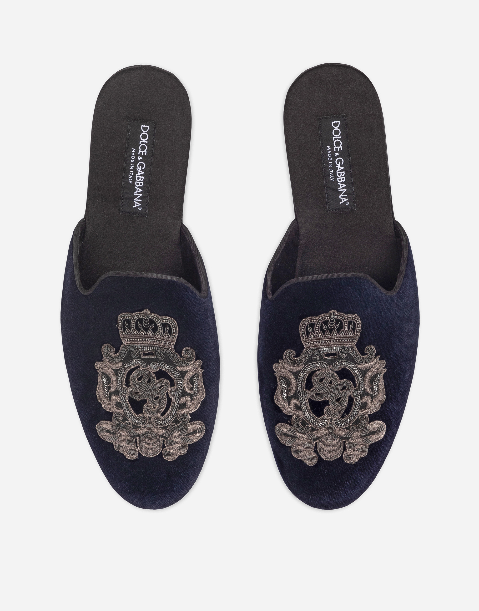 Shop Dolce & Gabbana Velvet Slippers With Coat Of Arms Embroidery In Blue