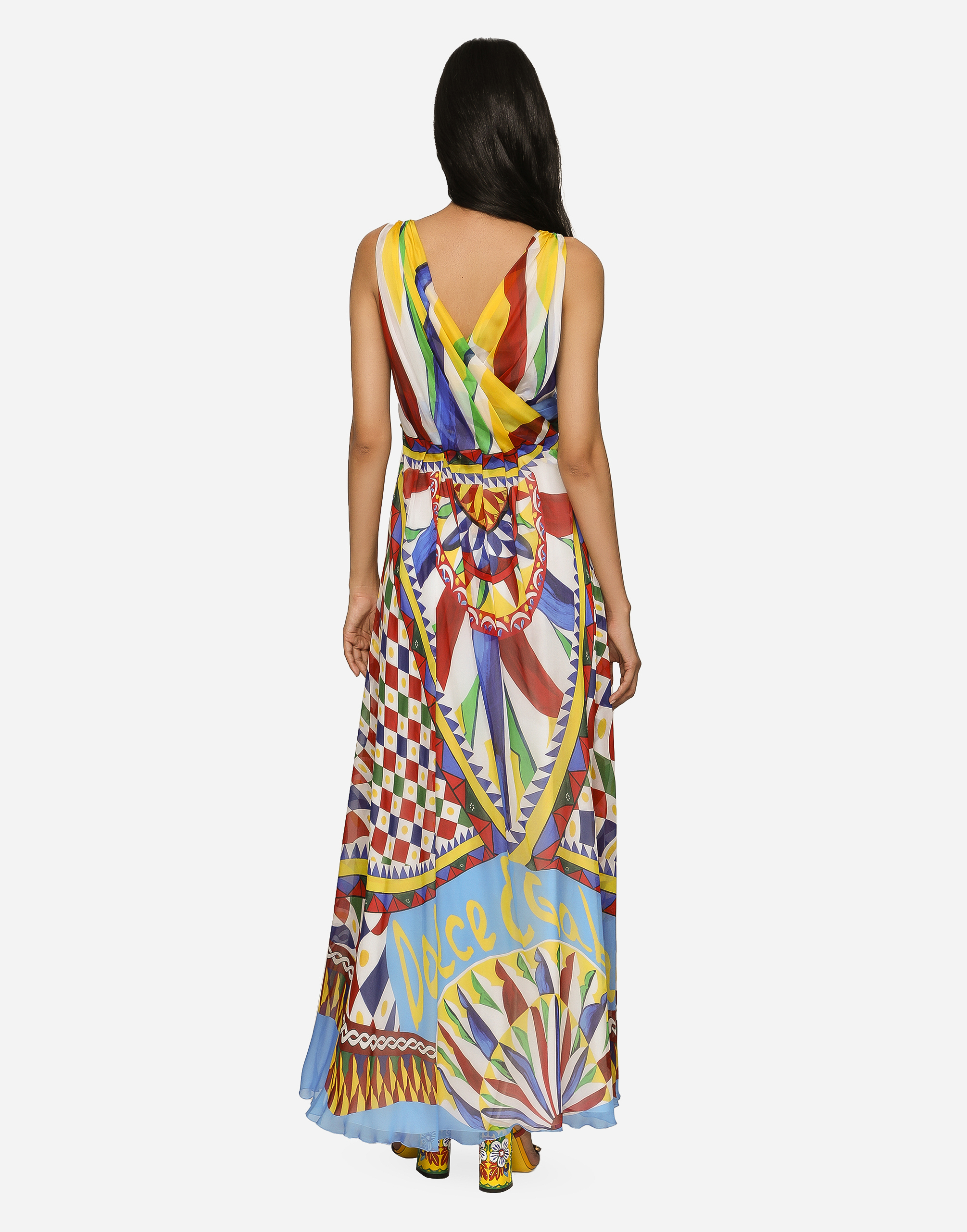 DOLCE & GABBANA LONG CARRETTO-PRINT CHIFFON DRESS