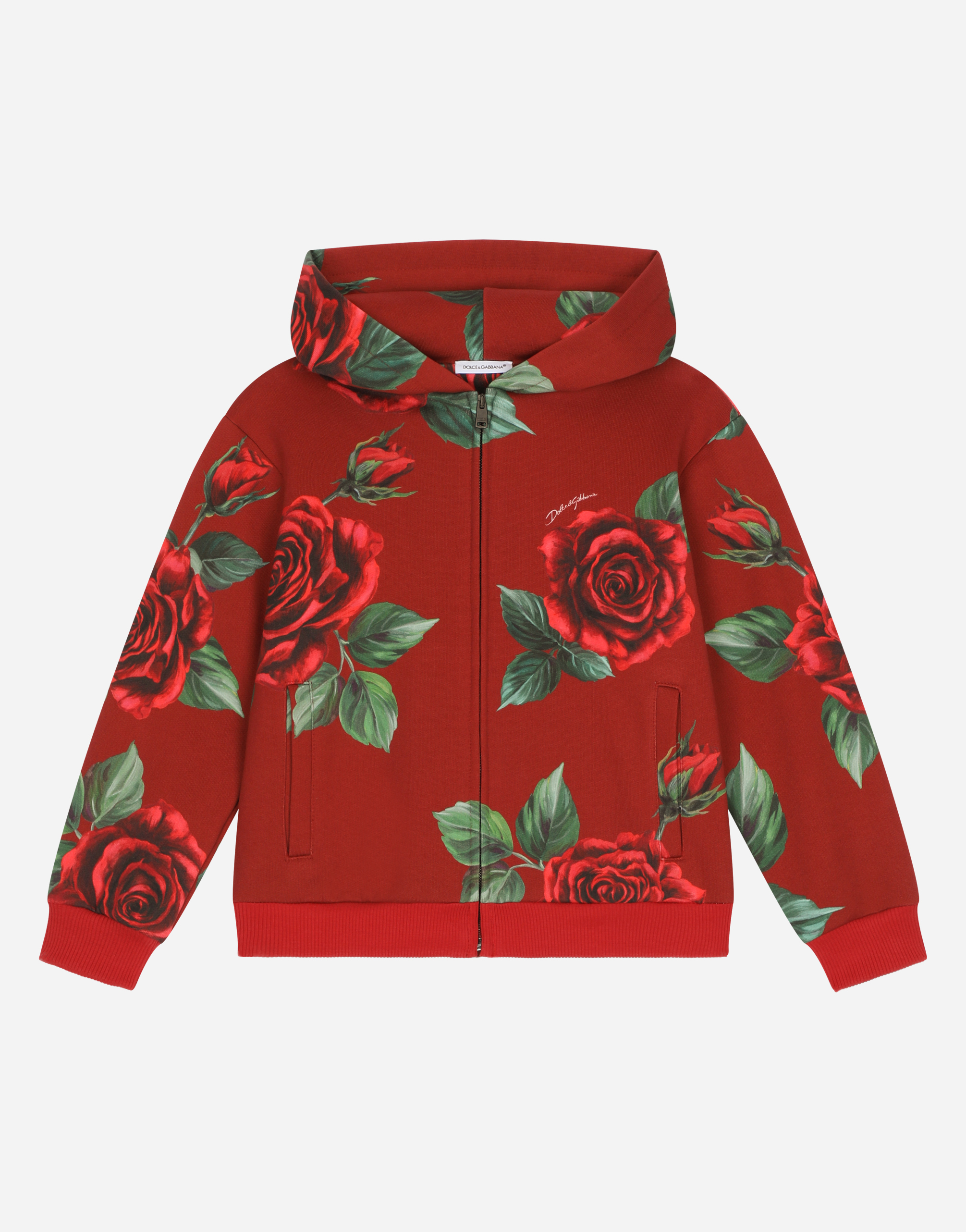 DOLCE & GABBANA JERSEY HOODIE WITH ROSE PRINT