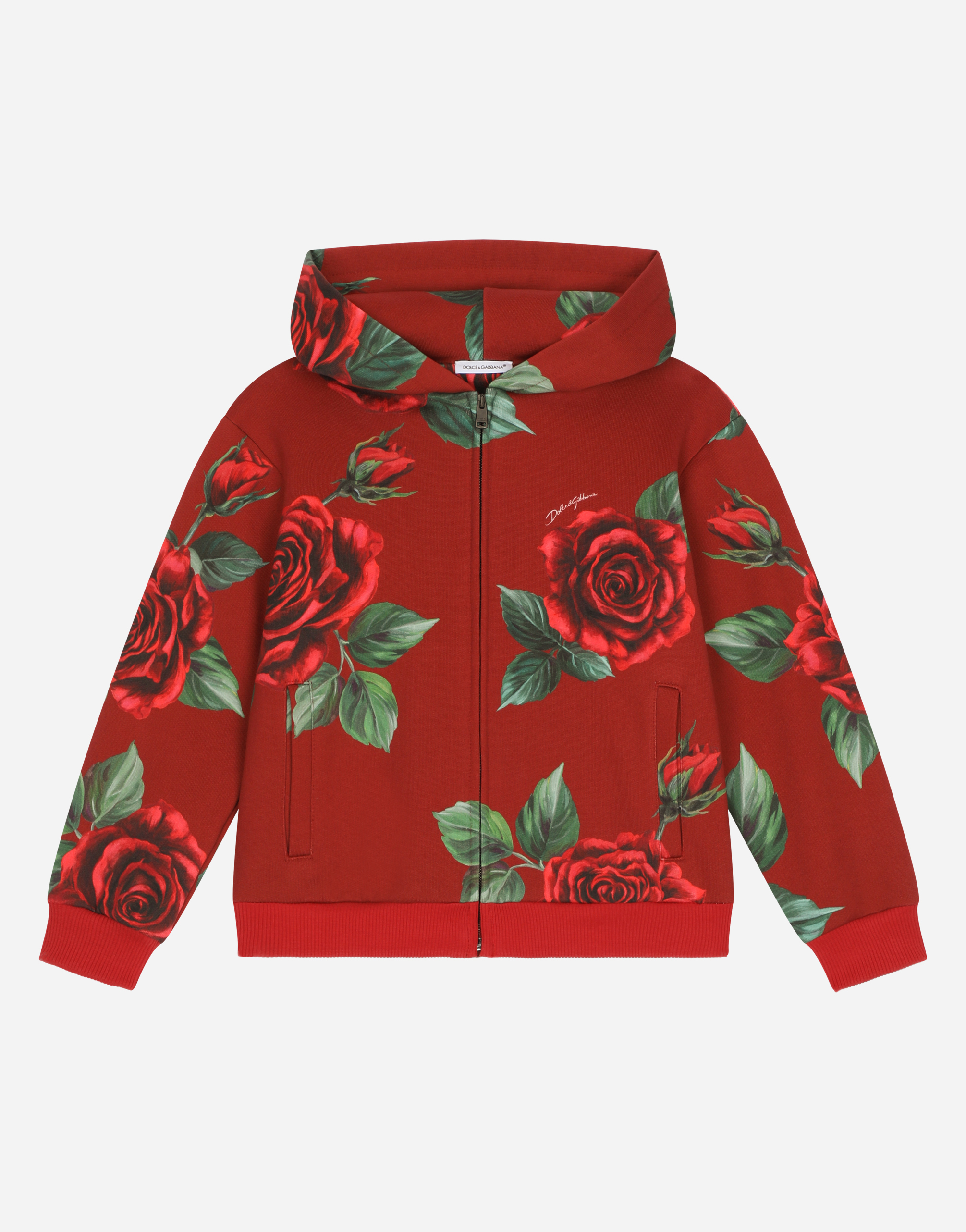 Dolce & Gabbana Jersey Hoodie With Rose Print In Red