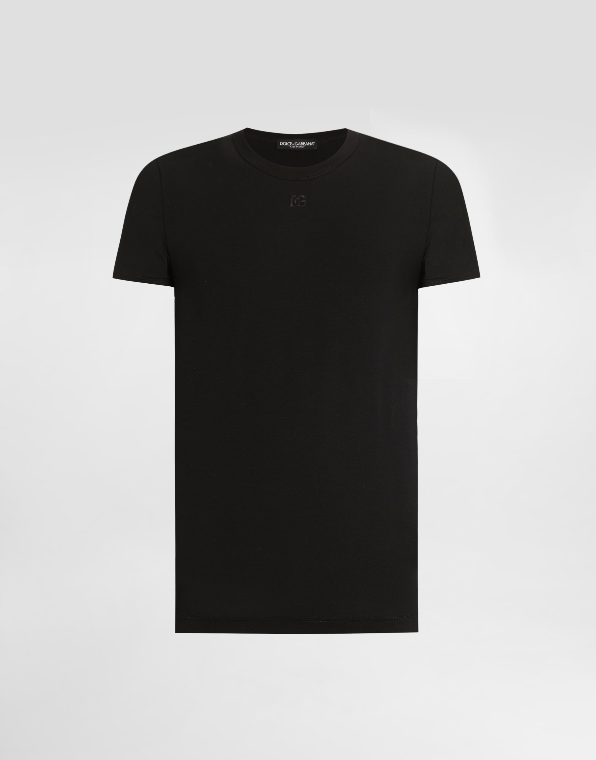 Dolce & Gabbana Black Crewneck T-shirt With Tonal Logo Lettering Embroidery On The Front In Cotton Stretch Man In Black