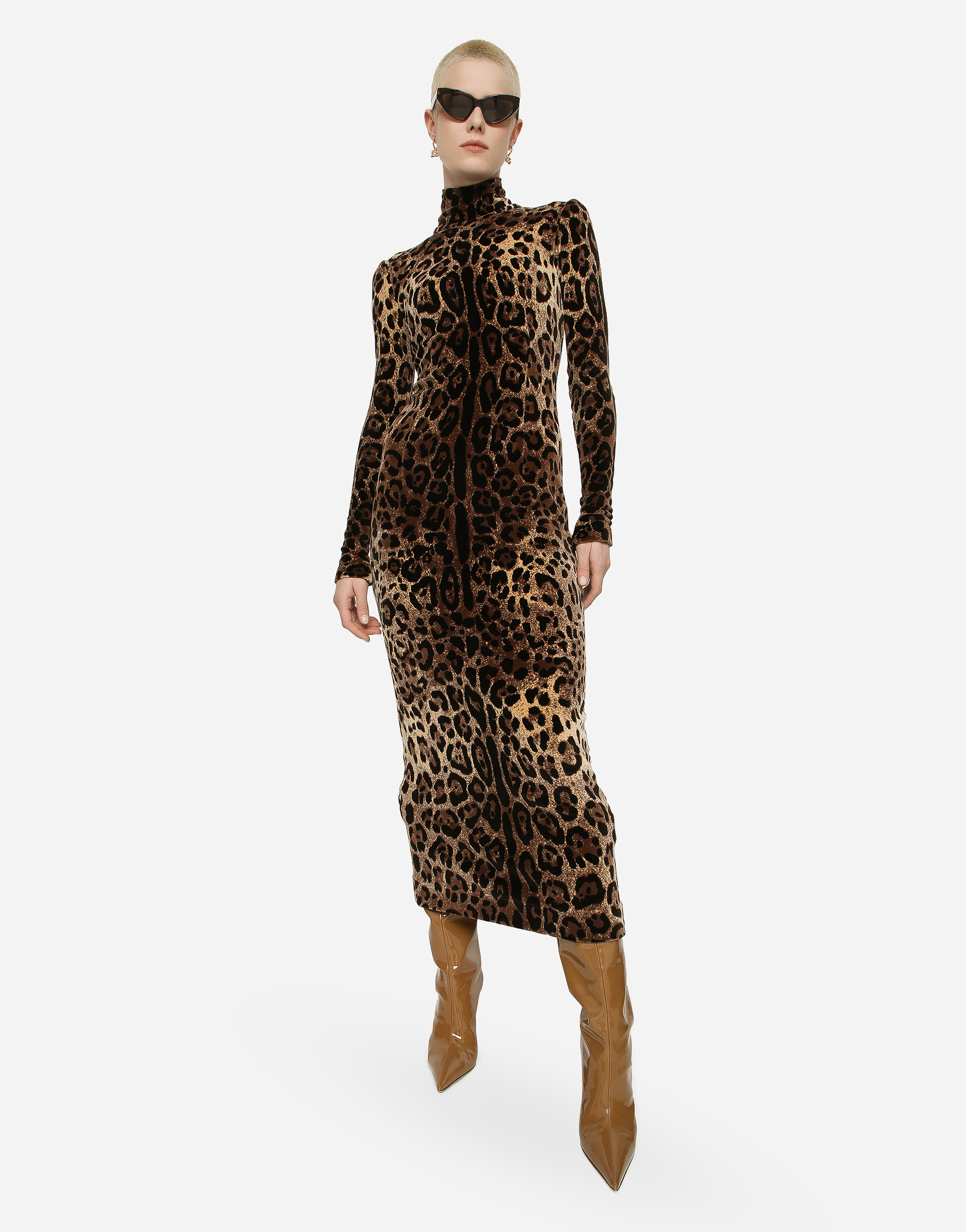 DOLCE & GABBANA LONG CHENILLE DRESS WITH JACQUARD LEOPARD DESIGN