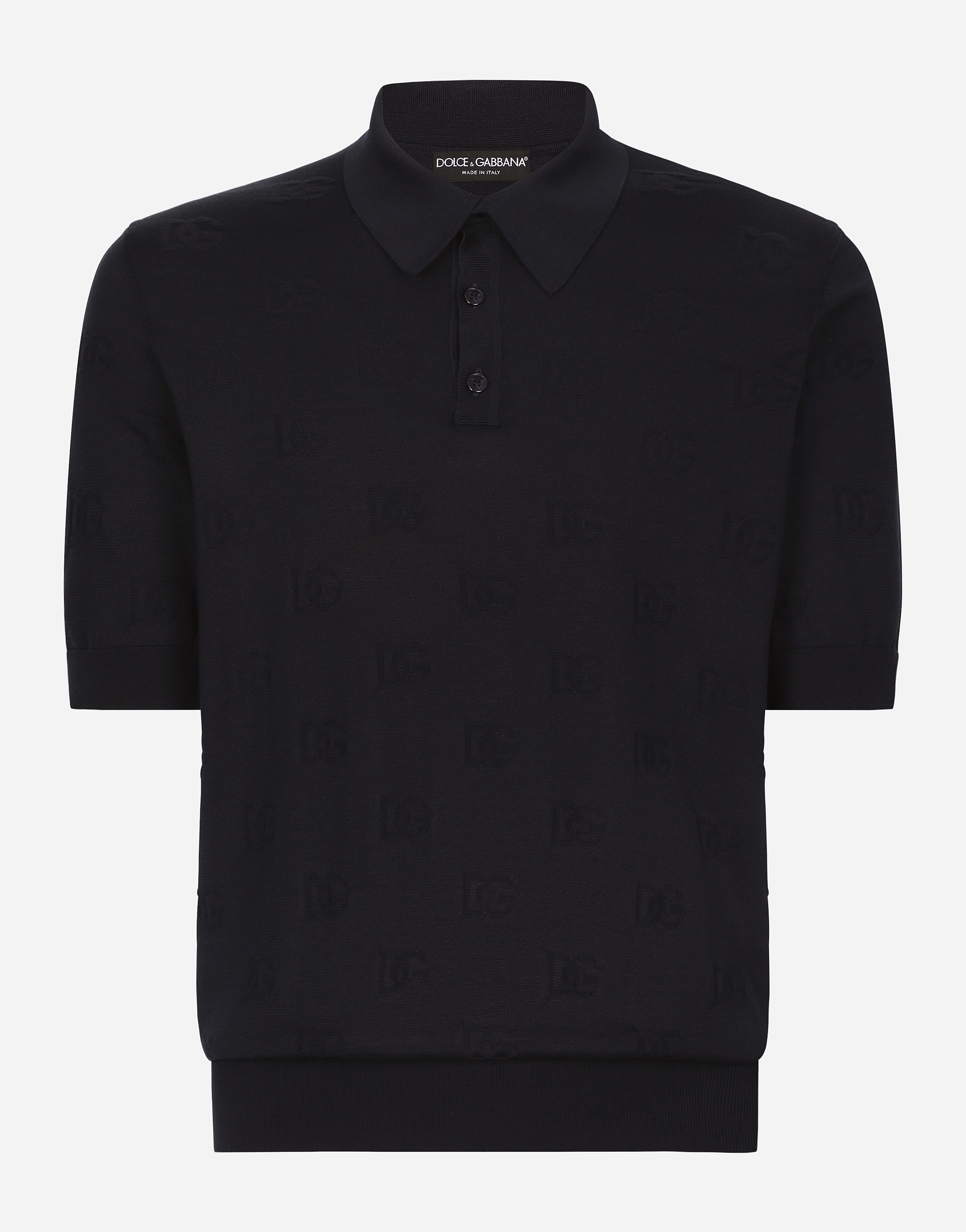 Dolce & Gabbana Silk Polo-shirt With All-over Dg Logo Embroidery In Blue