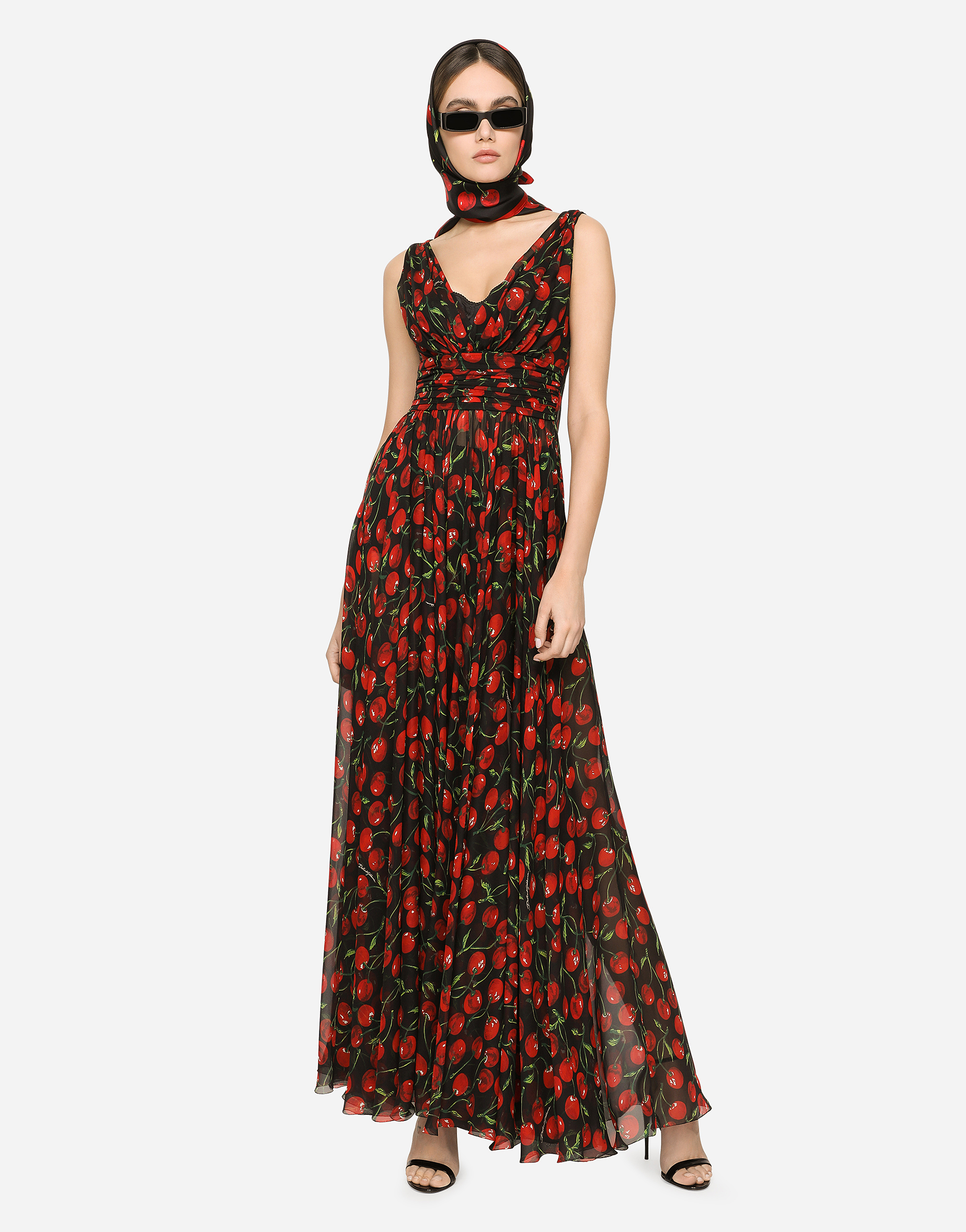 Shop Dolce & Gabbana Long Cherry-print Chiffon Dress In Multicolor