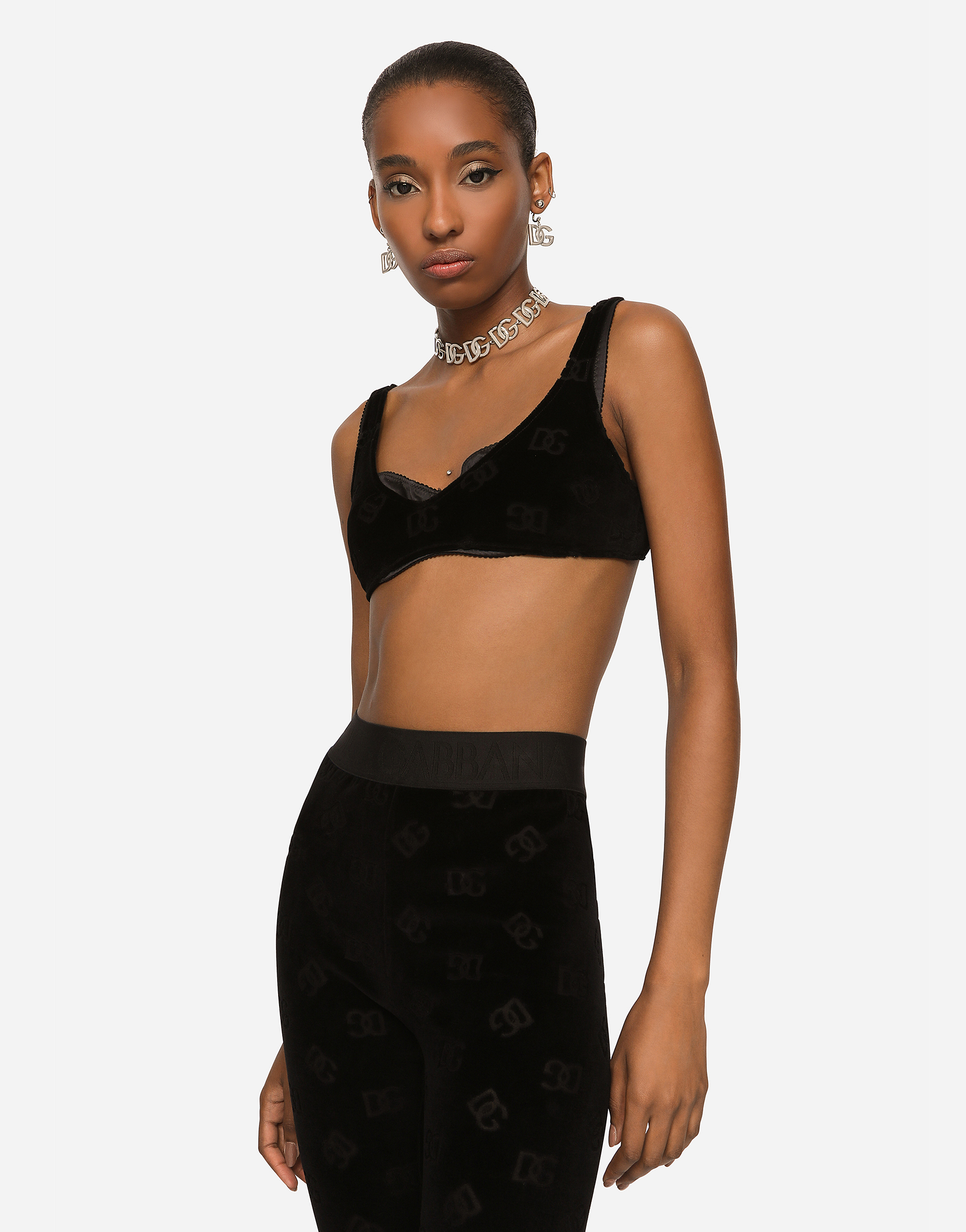 Dolce & Gabbana Flocked Jersey Top With All-over Dg Logo In Black