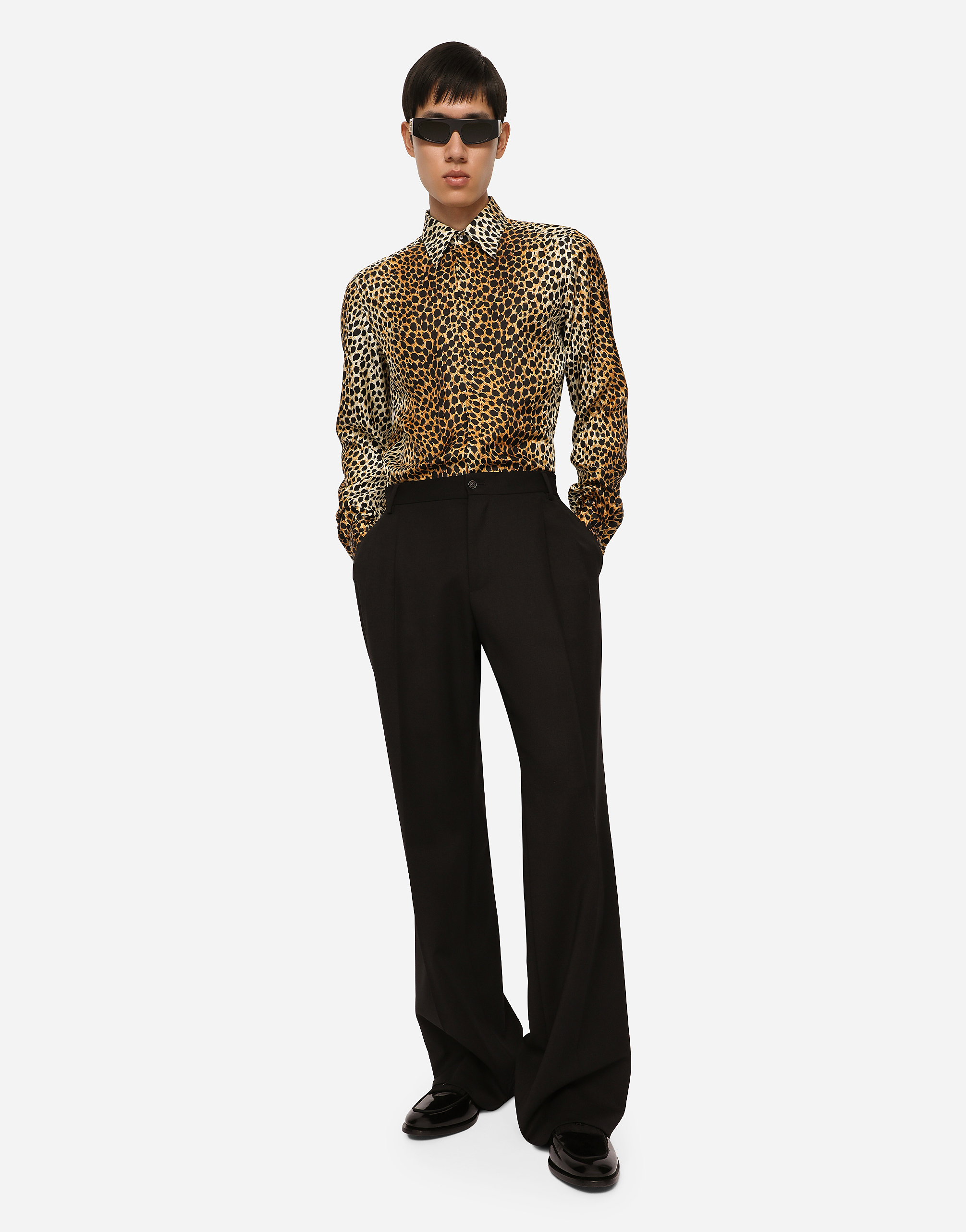 Dolce & Gabbana Silk Twill Martini-fit Shirt With Ocelot Print In Multicolor