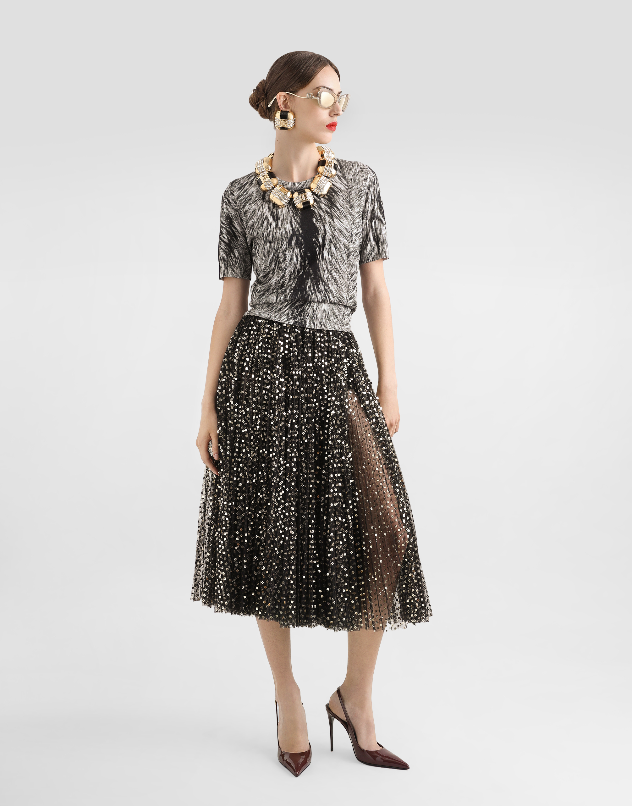 Dolce & Gabbana Tulle Midi Circle Skirt With Micro-sequin Embroidery In Gold