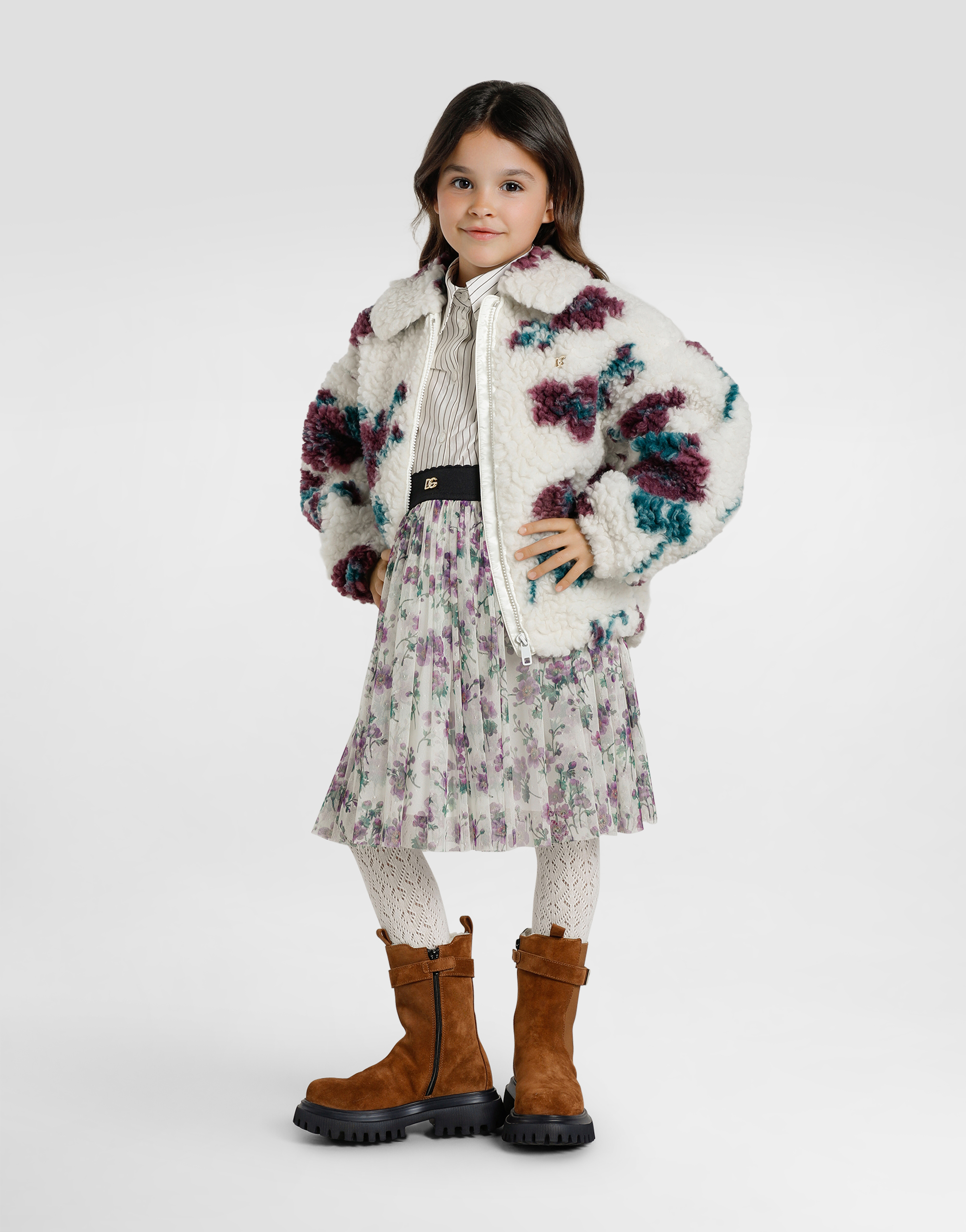 Flower-print fur-like jacket
