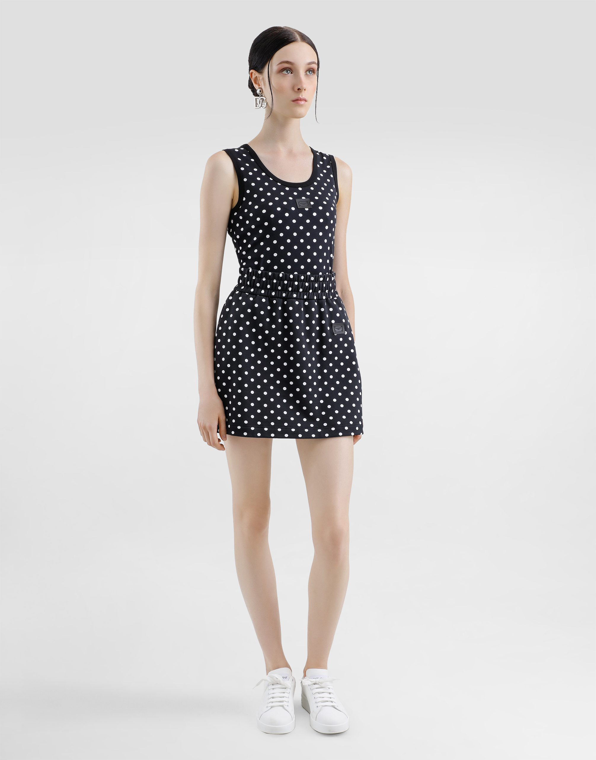 Dolce & Gabbana Jersey Miniskirt With Polka-dot Print And Logo Label In Multicolor