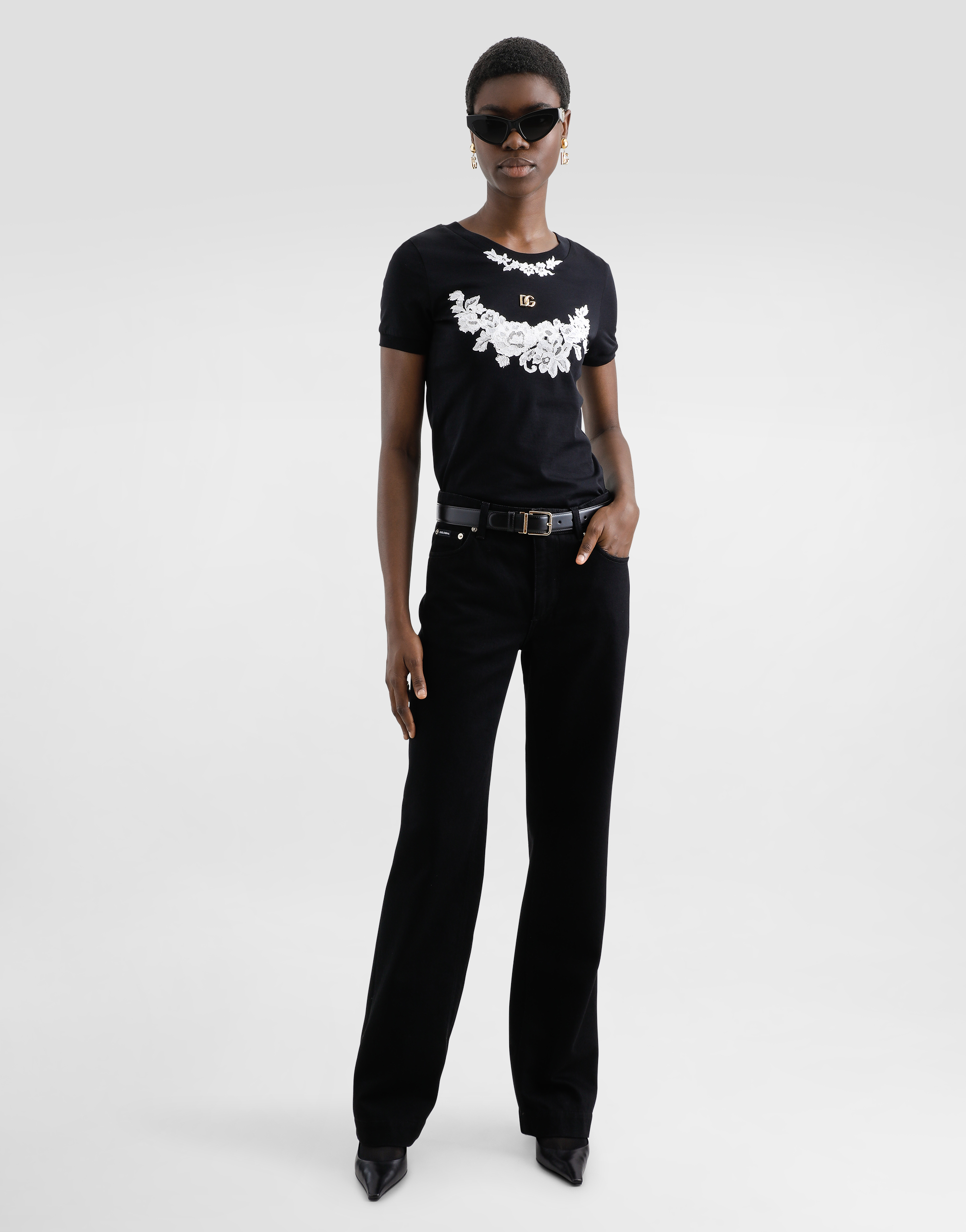 Dolce & Gabbana Jersey T-shirt With Dg Logo And Lace Details In Black