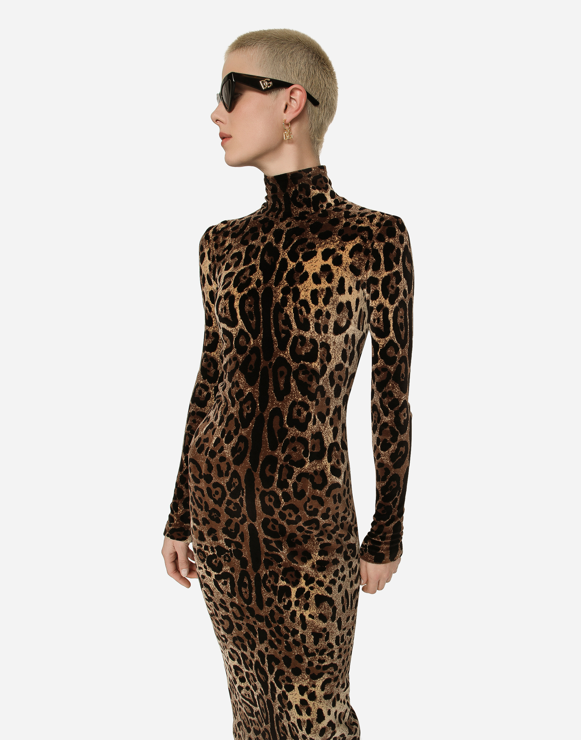 DOLCE & GABBANA LONG CHENILLE DRESS WITH JACQUARD LEOPARD DESIGN
