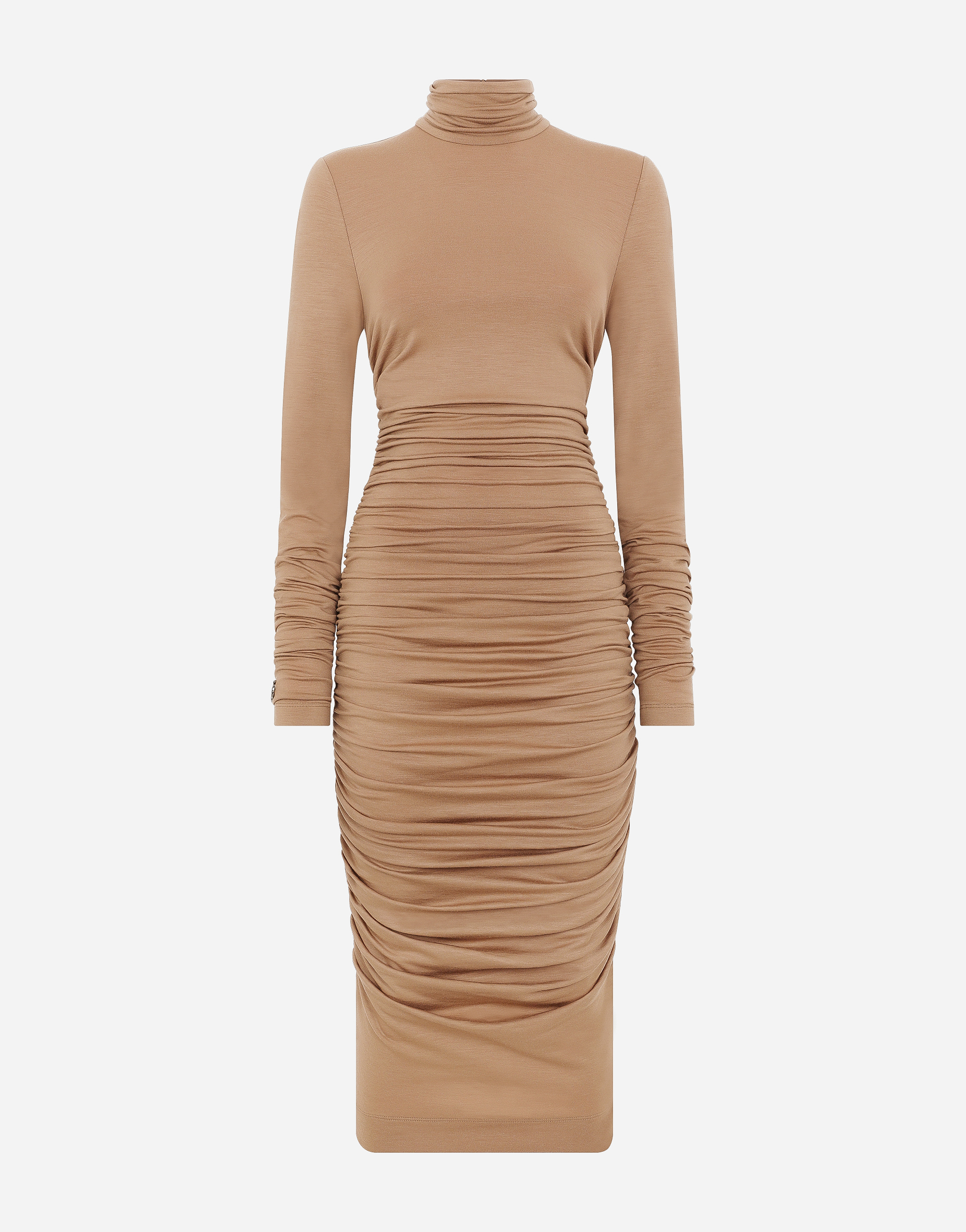 Shop Dolce & Gabbana High-necked Jersey Wool Calf-length Dress In Beige