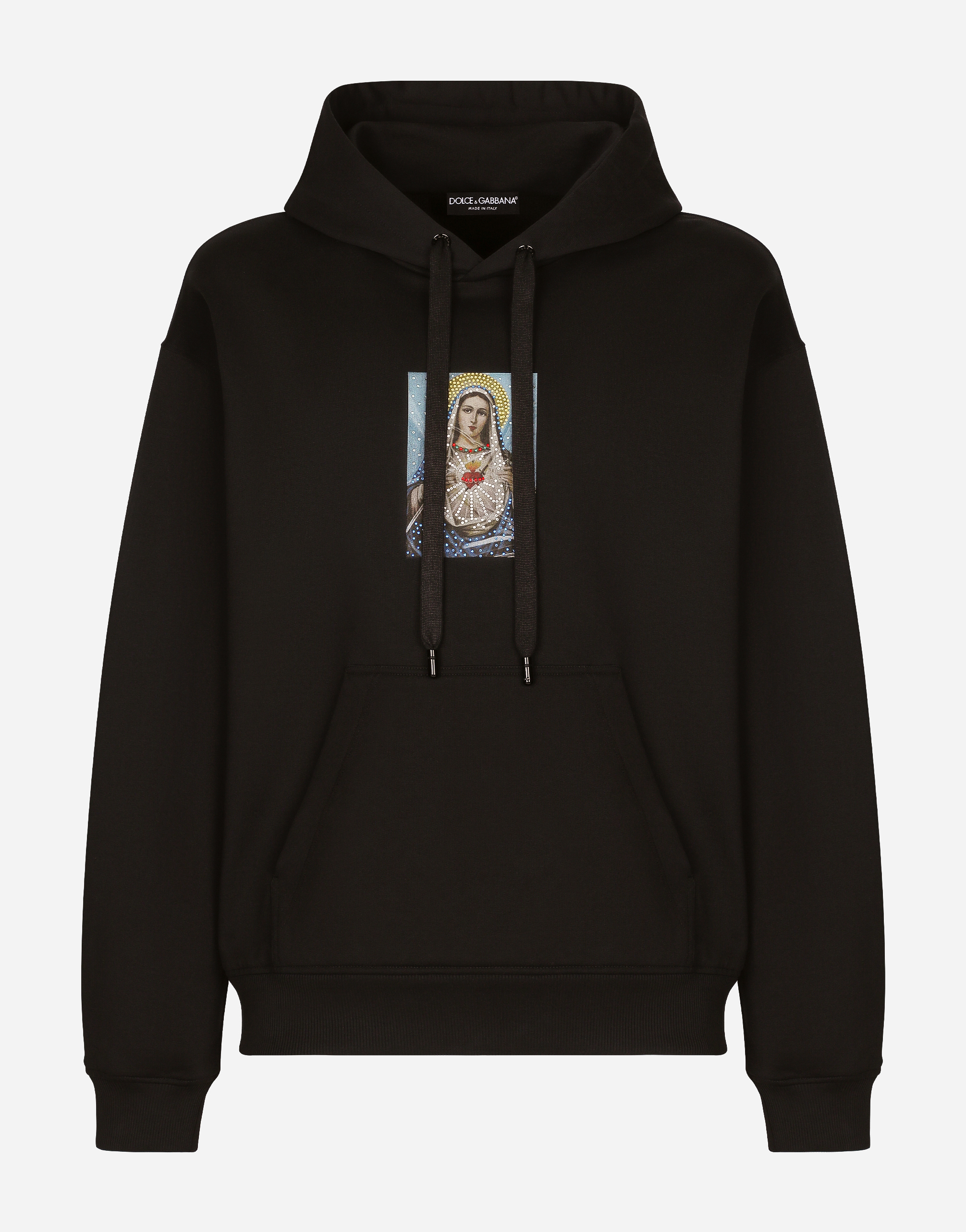 DOLCE & GABBANA JERSEY HOODIE WITH PRINT AND FUSIBLE RHINESTONE EMBELLISHMENT