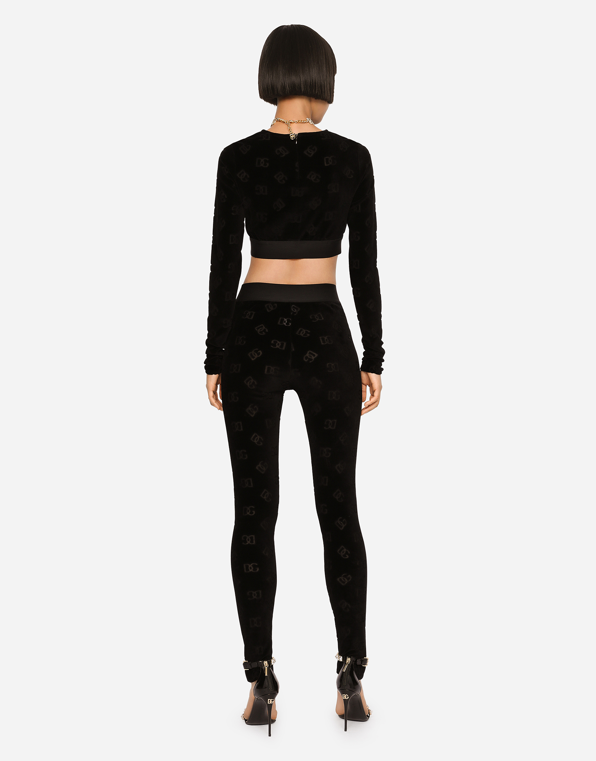 DOLCE & GABBANA FLOCKED JERSEY LEGGINGS WITH ALL-OVER DG LOGO