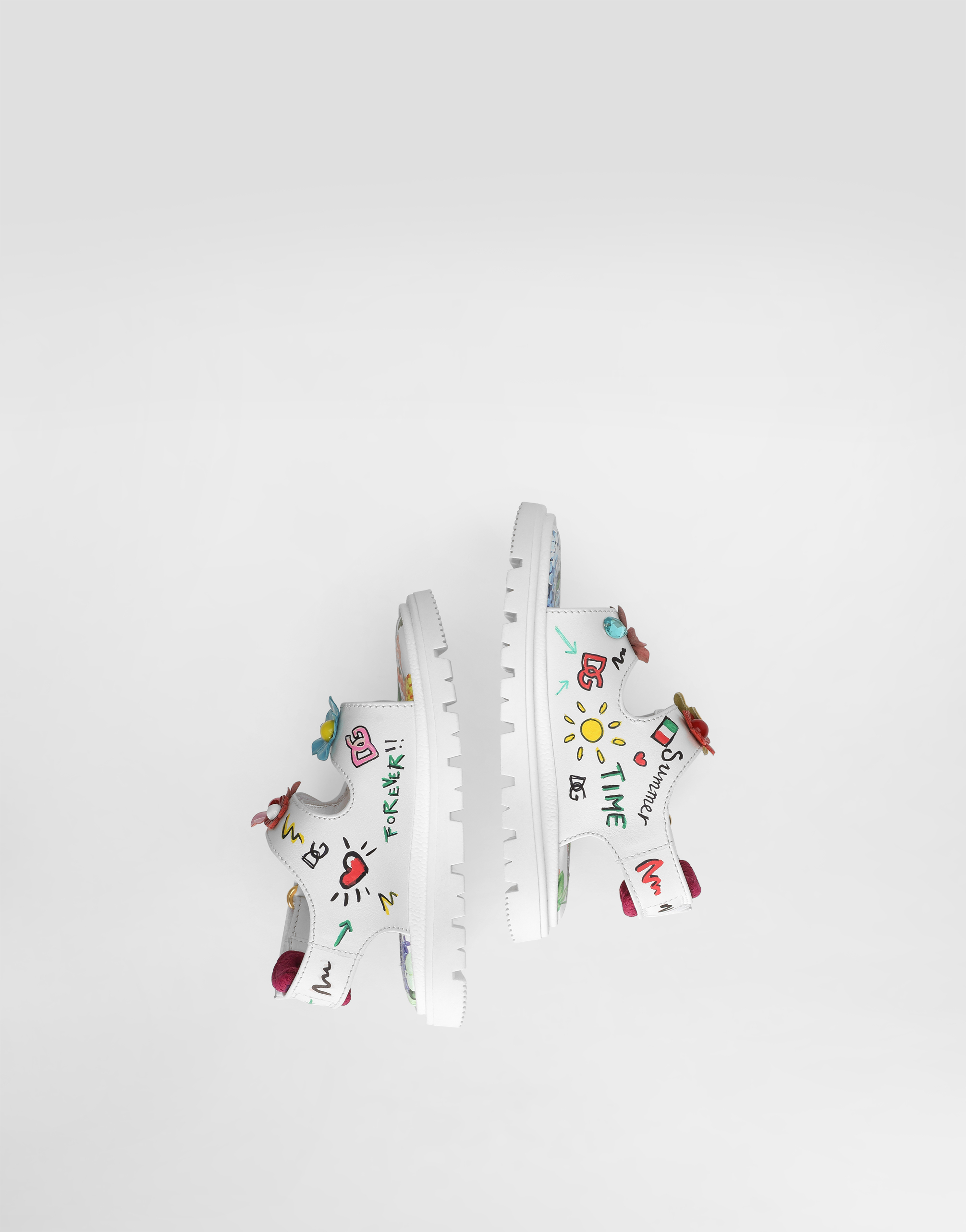 Printed calfskin sandals with flowers and DG logo