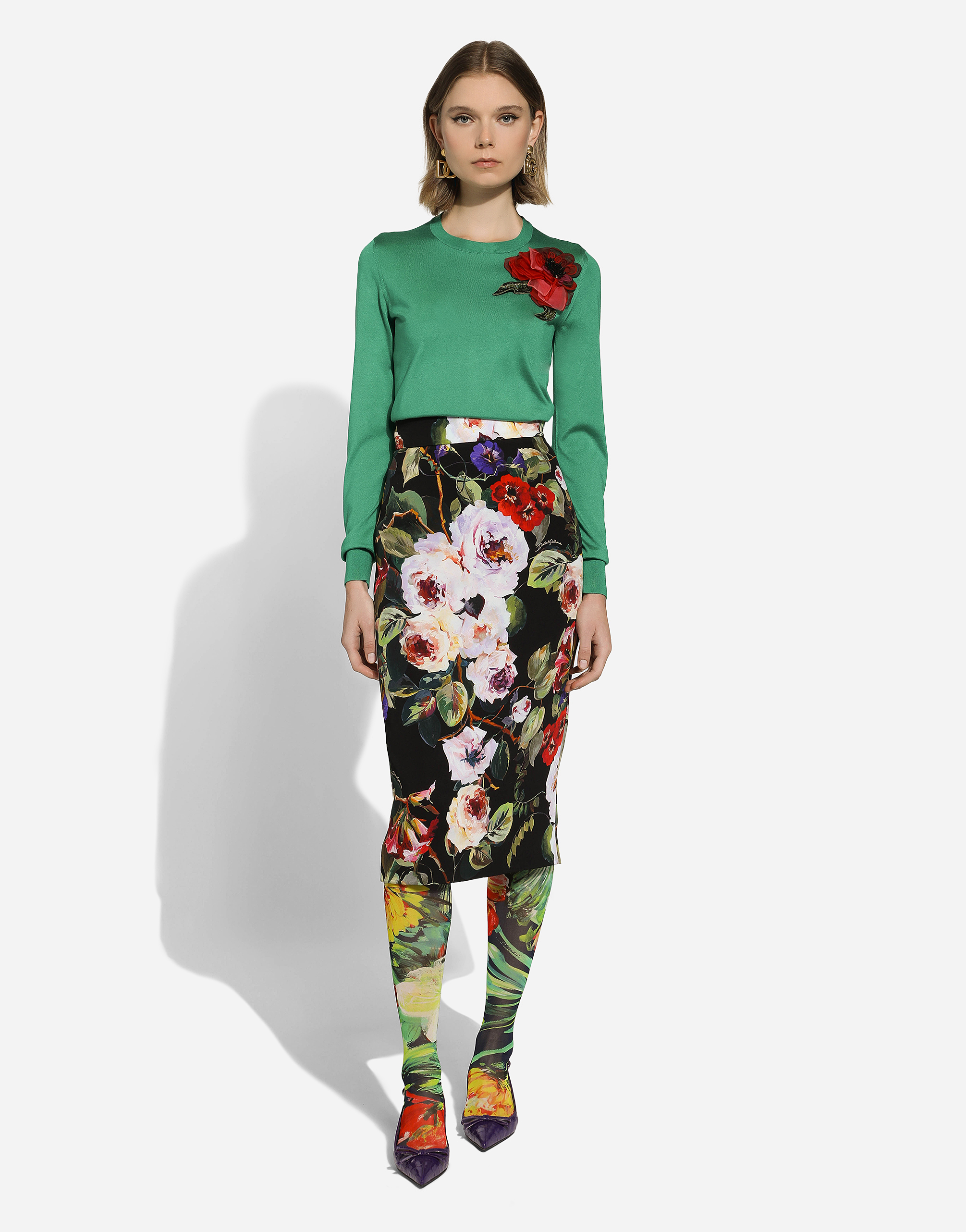 Shop Dolce & Gabbana Silk Sweater With Flower Appliqué In Green