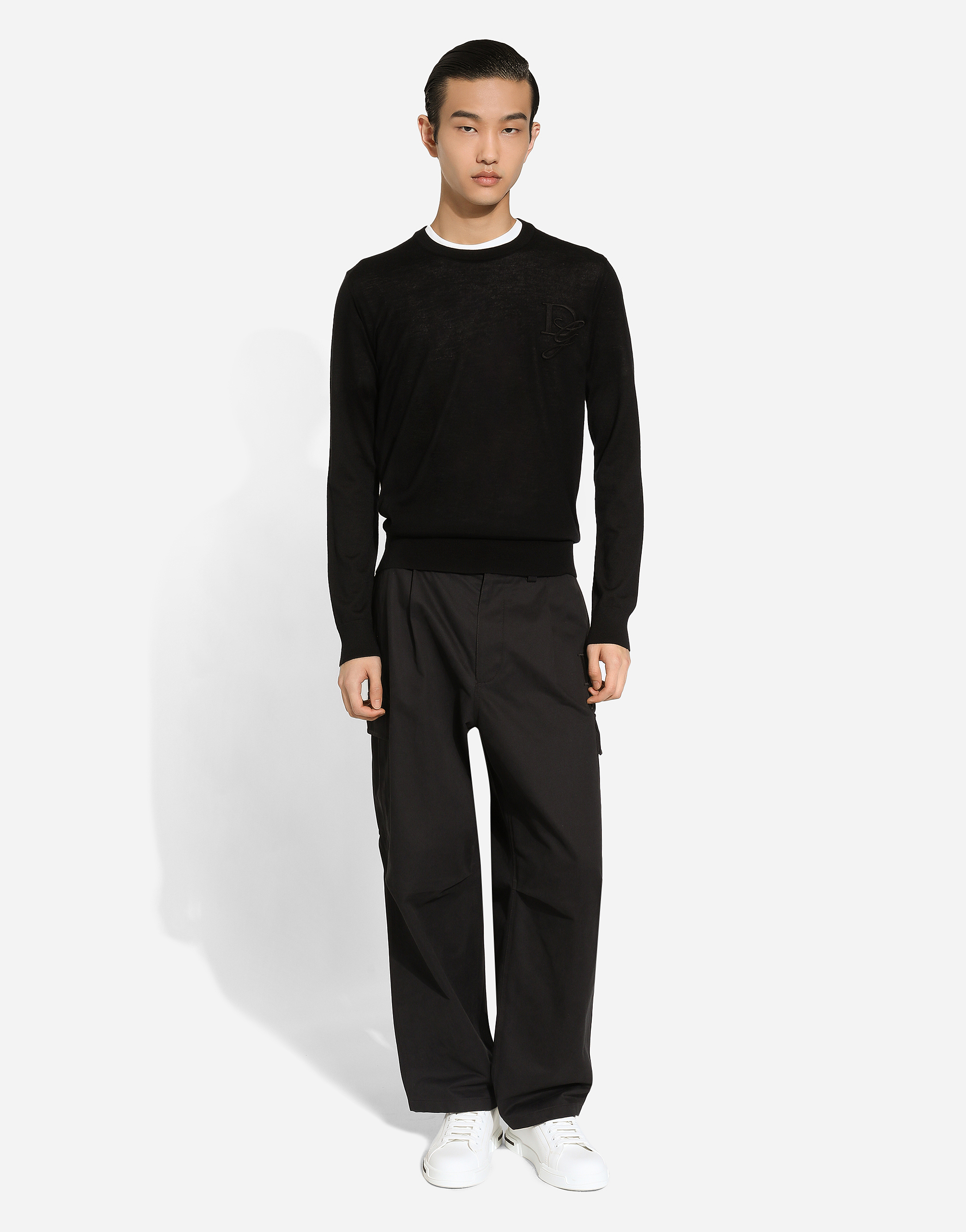 Dolce & Gabbana Cashmere Round-neck Sweater With Dg Embroidery In Black