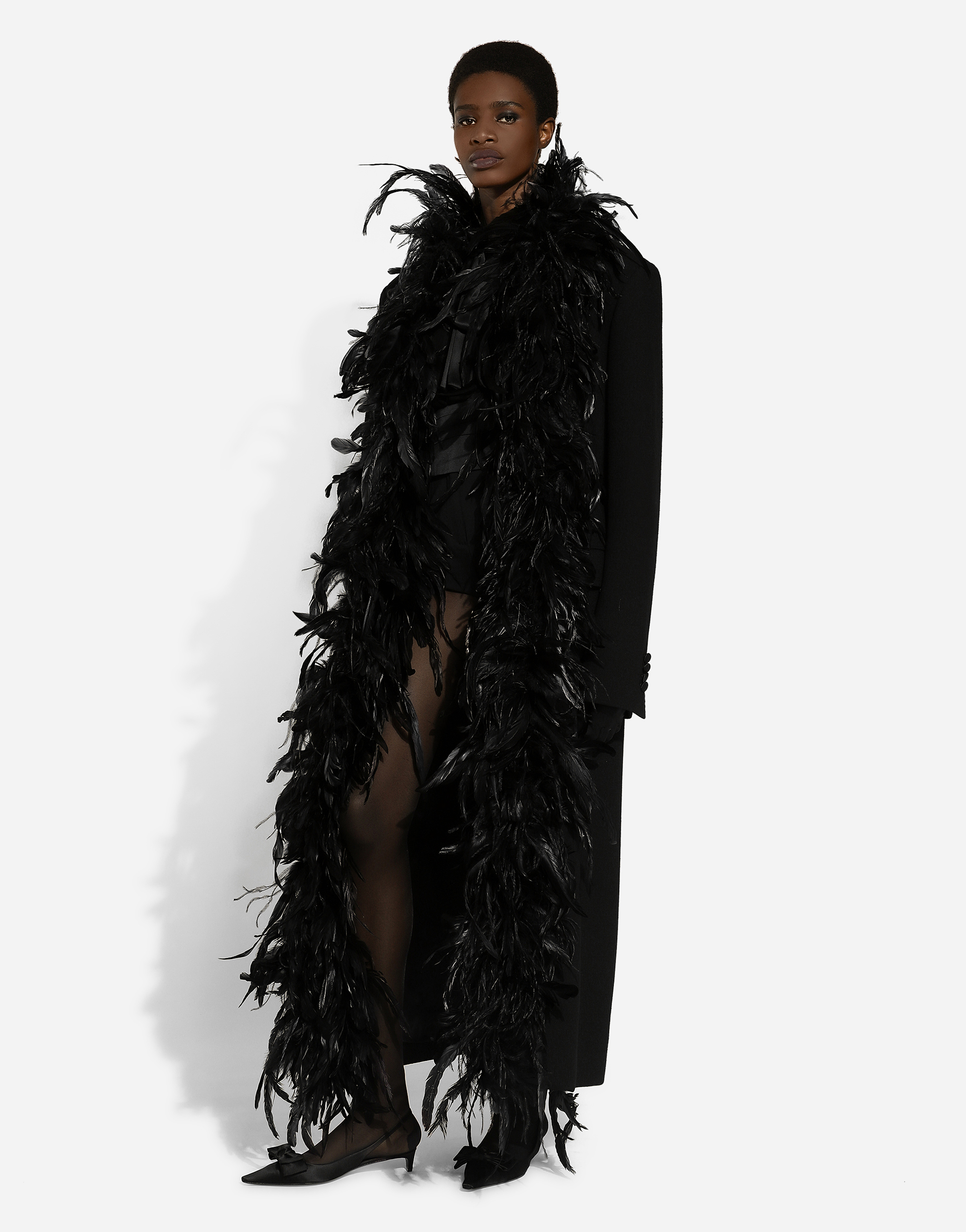 Double-breasted wool crepe coat with belt and rooster feather embellishment