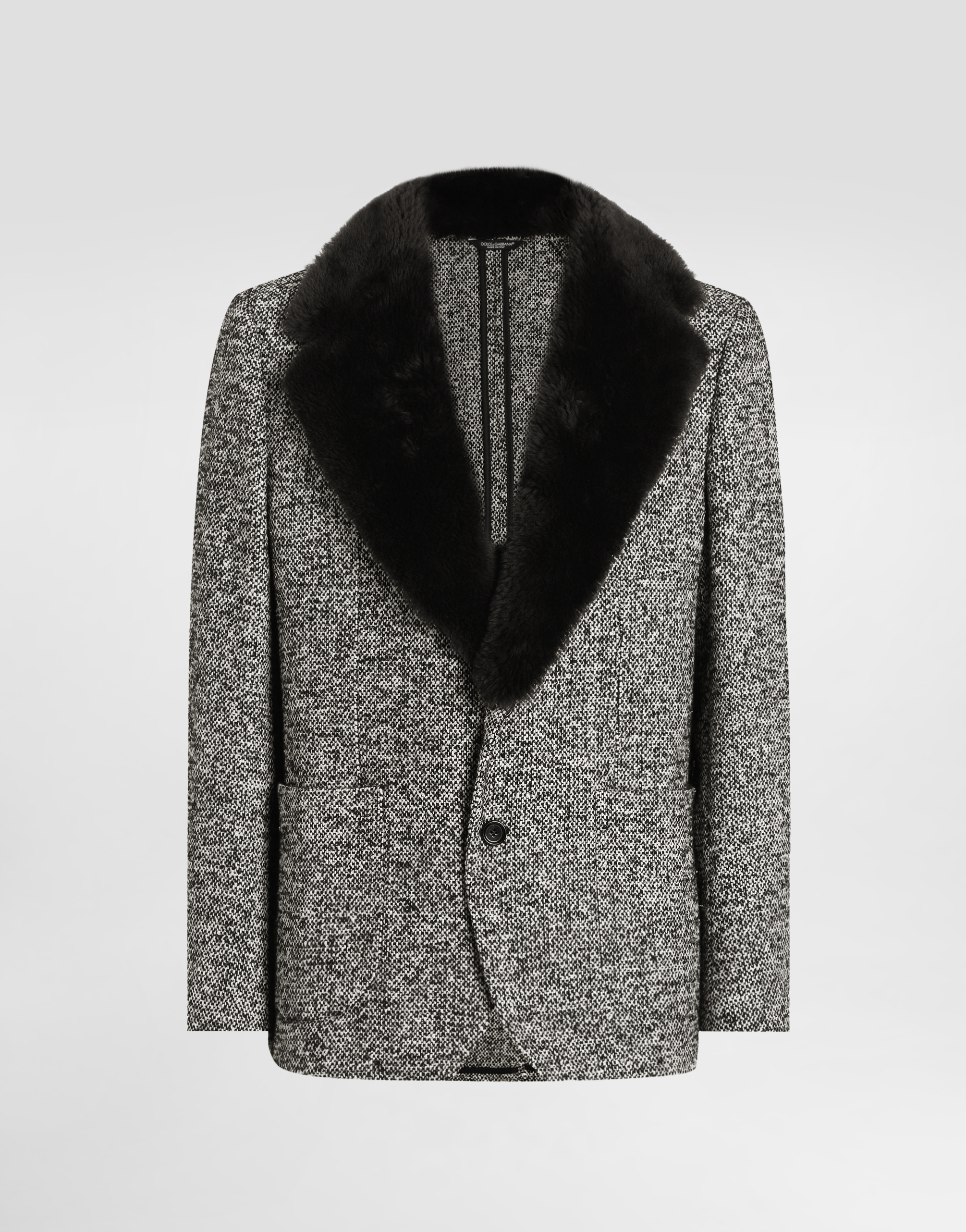 Dolce & Gabbana Single-breasted Dotted Wool Jacket With Fur Collar In Gray