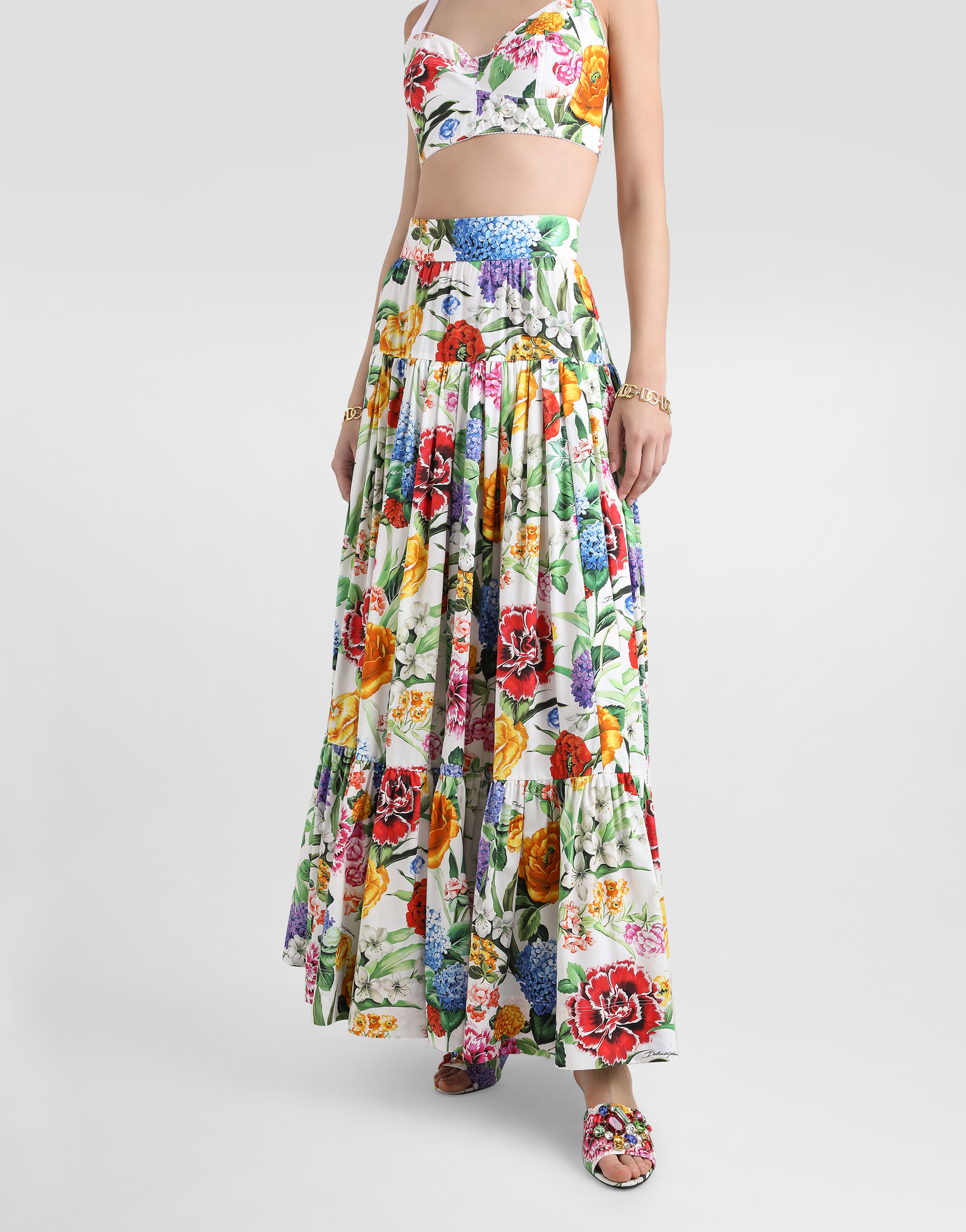 Dolce & Gabbana Multicolor Maxi Skirt With Logo Lettering Detail On The Front And All-over Floral Print In Cotton Wo In Print
