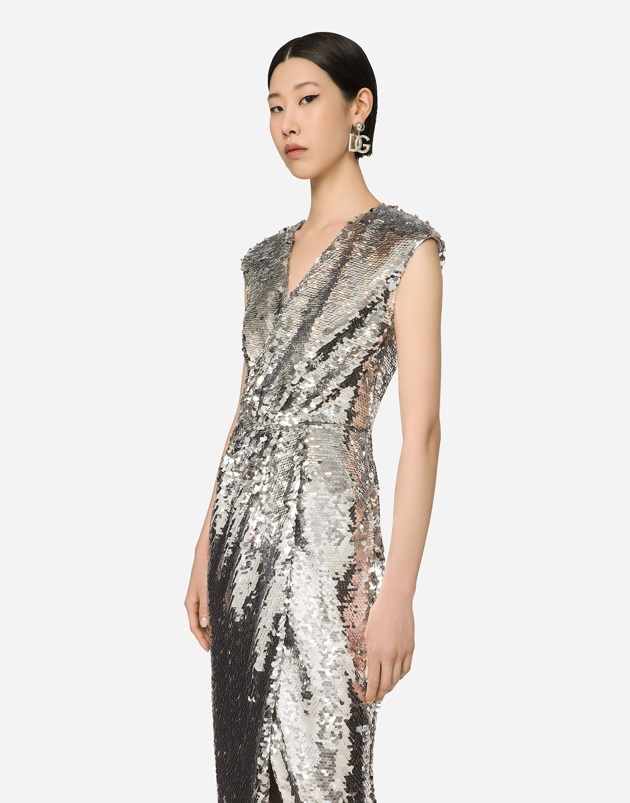 Dolce & Gabbana Long Sequined Dress With Draping In Silver