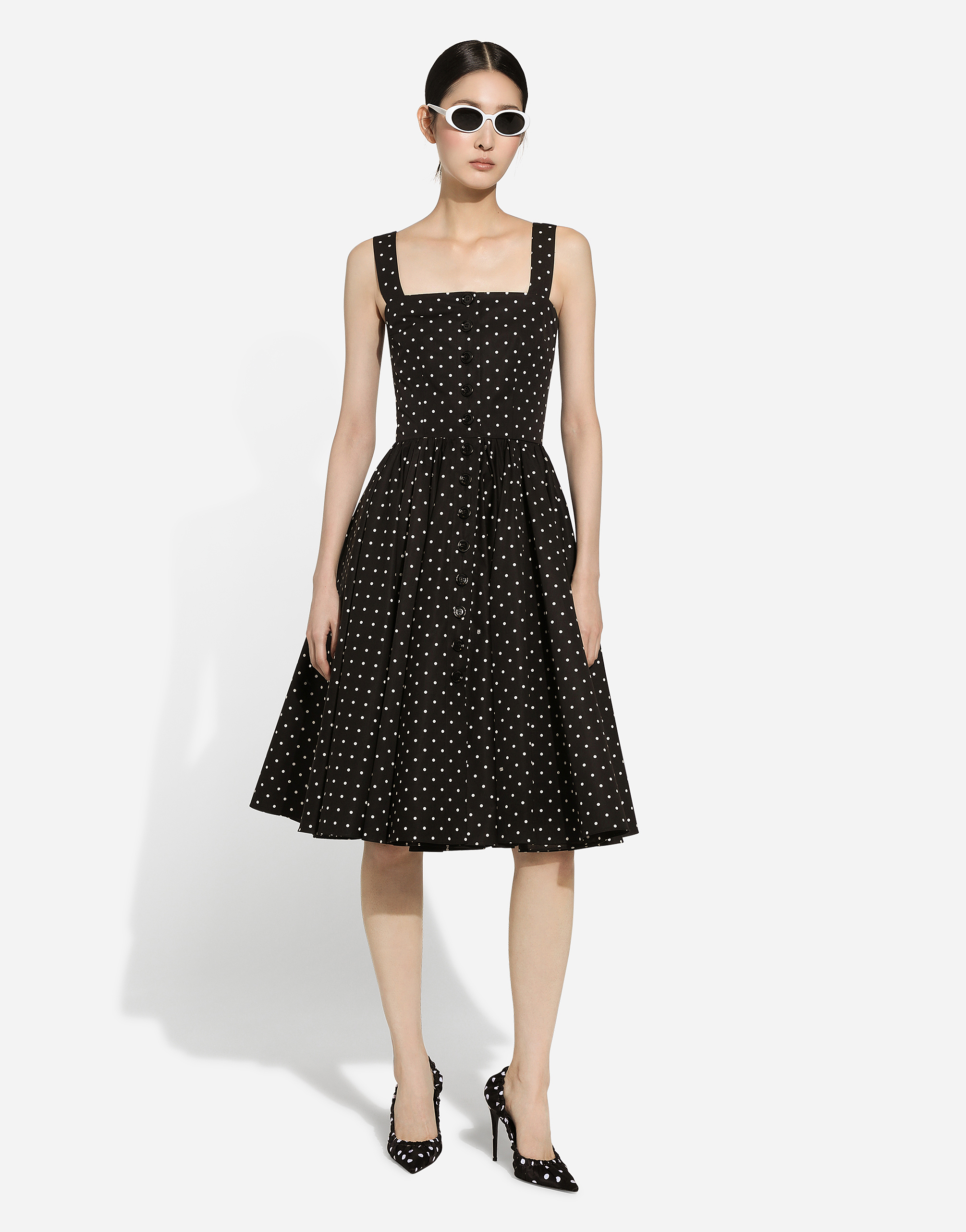 Dolce & Gabbana Dg Polka Dot Sleeveless Button-front Cotton Popeline Midi Sundress In プリ