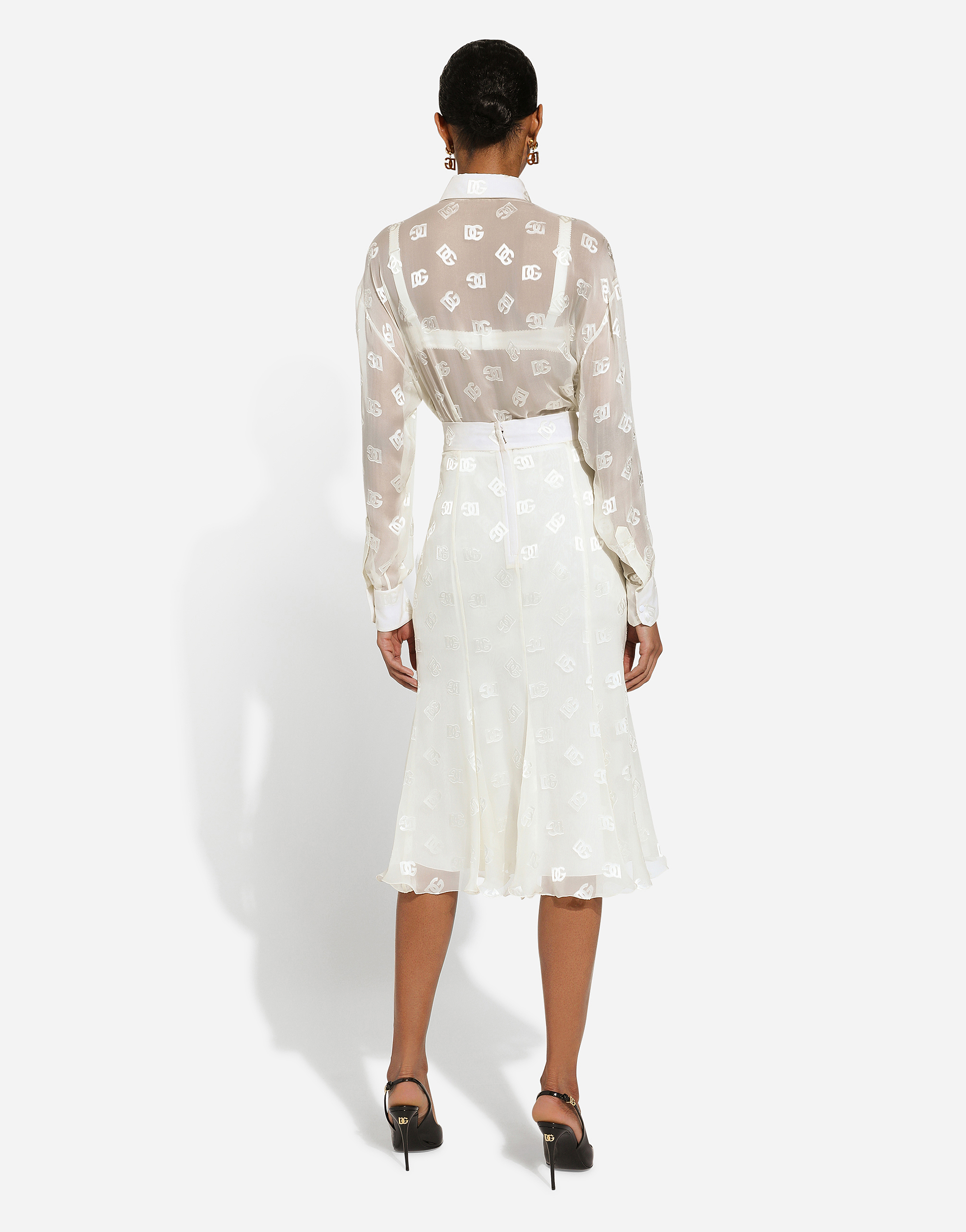 Dolce & Gabbana Devoré Satin Pussy-bow Shirt With All-over Dg Logo In White