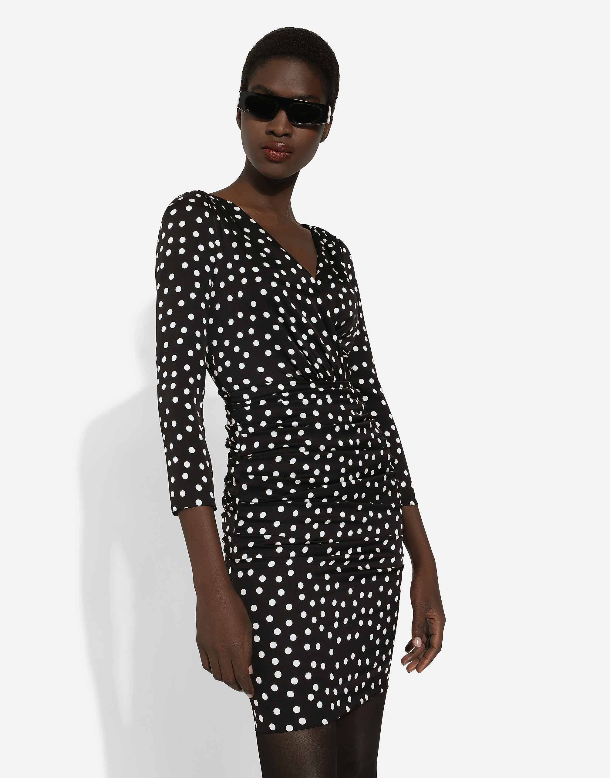 Shop Dolce & Gabbana Short Charmeuse Dress With Draped Detailing And Micro Polka-dot Print