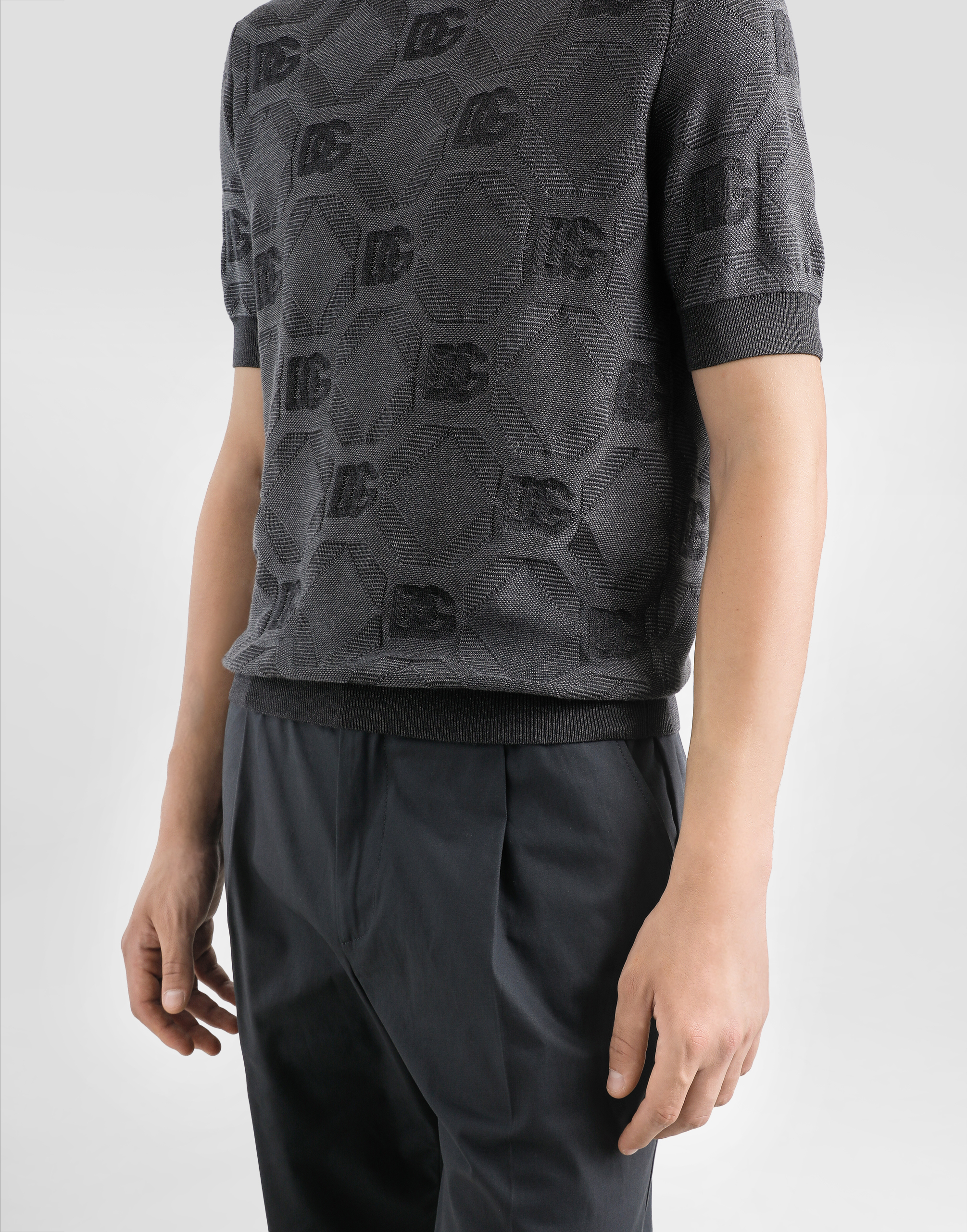 Silk round-neck sweater with jacquard logo