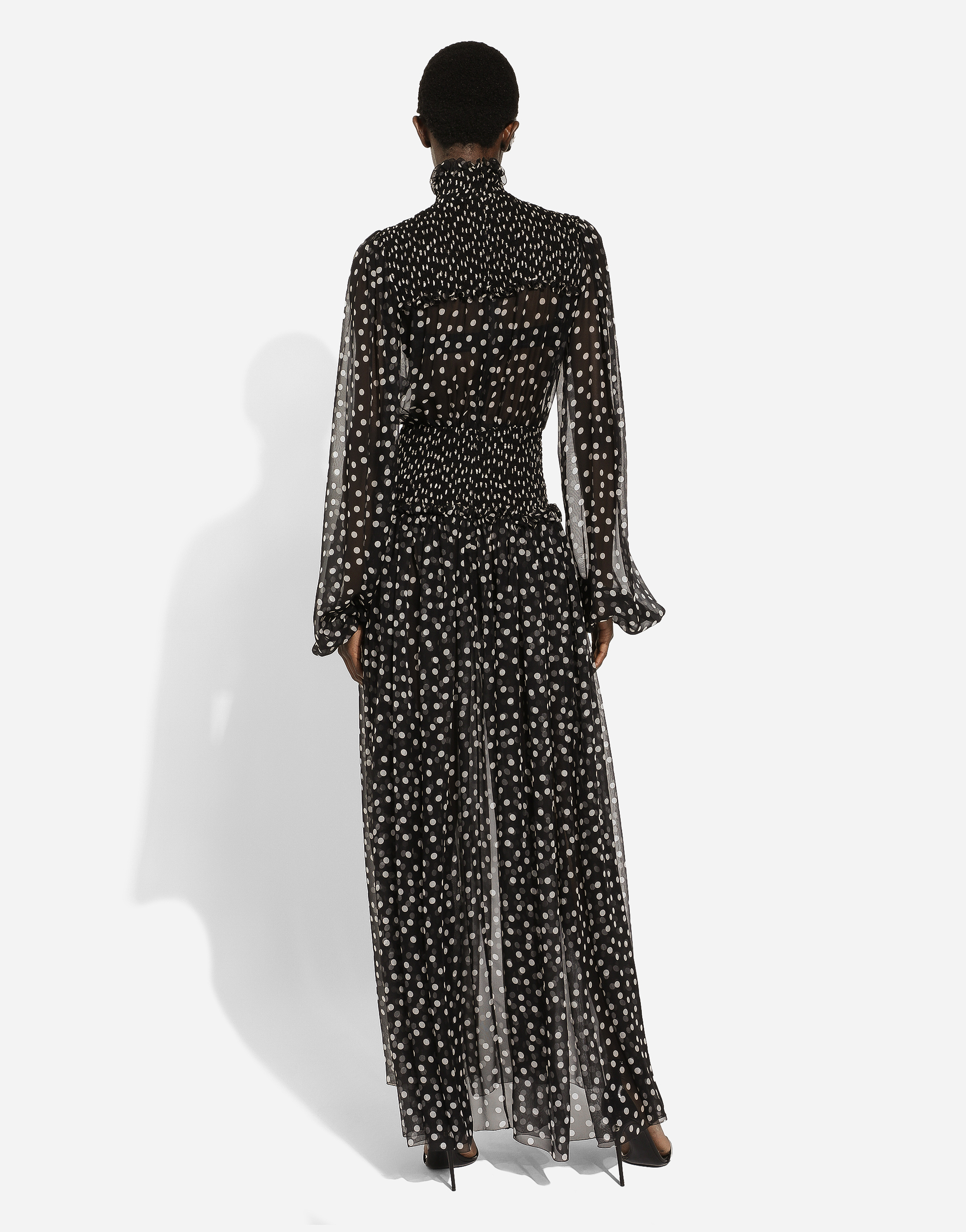 Shop Dolce & Gabbana Chiffon Midi Dress With Smock Stitching And Micro-polka Dot Print