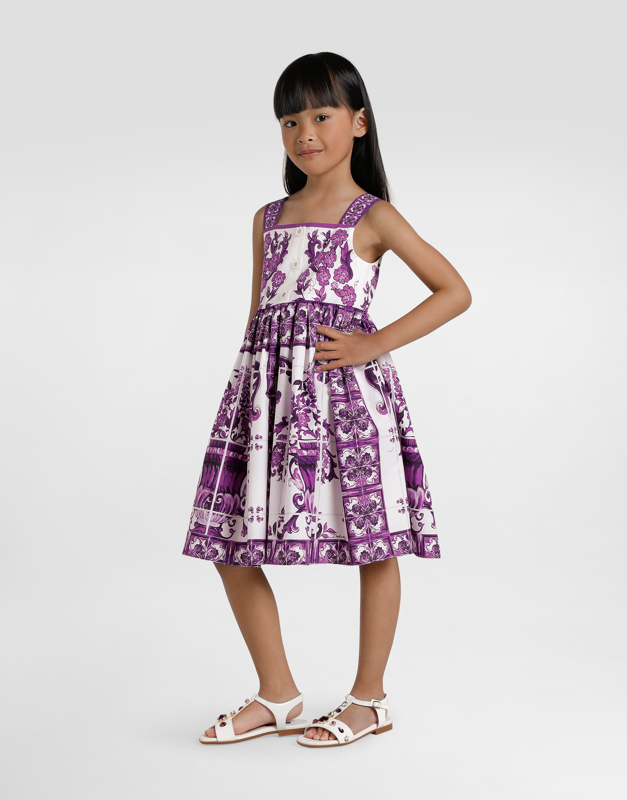 Majolica-print sleeveless popeline dress