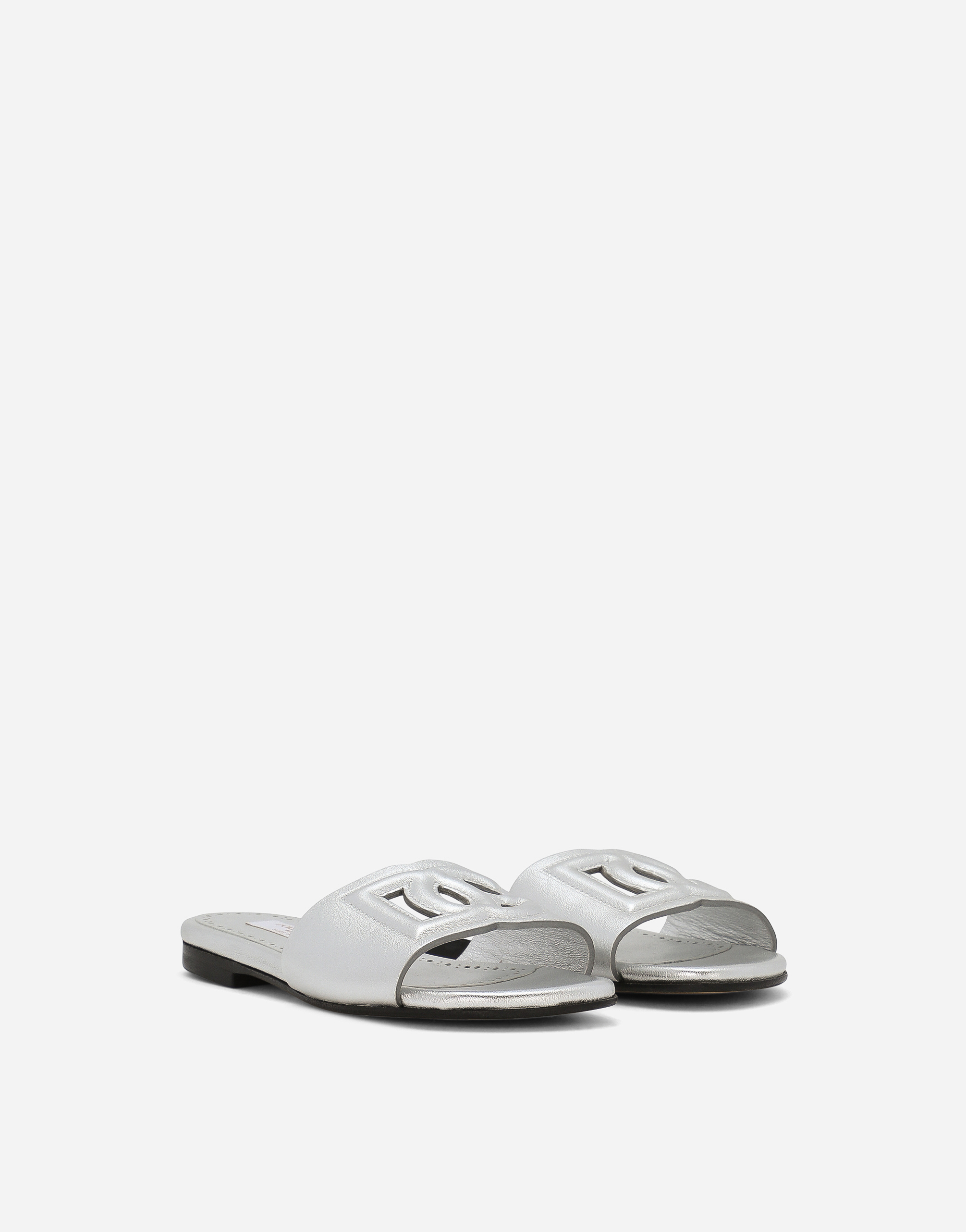 Shop Dolce & Gabbana Foiled Lambskin Sliders In Silver