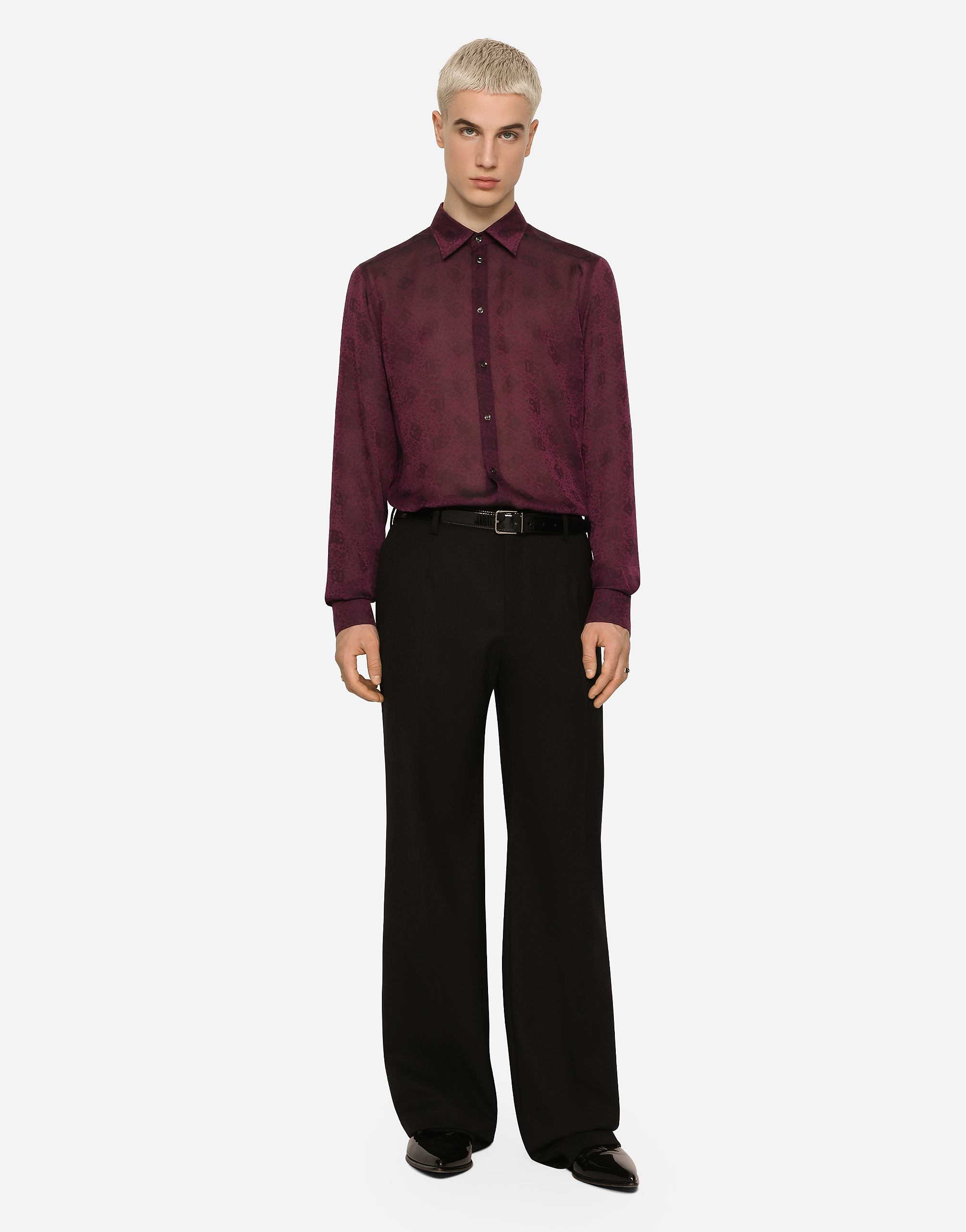 Shop Dolce & Gabbana Silk Jacquard Martini-fit Shirt With Dg Logo And Ocelot In Purple