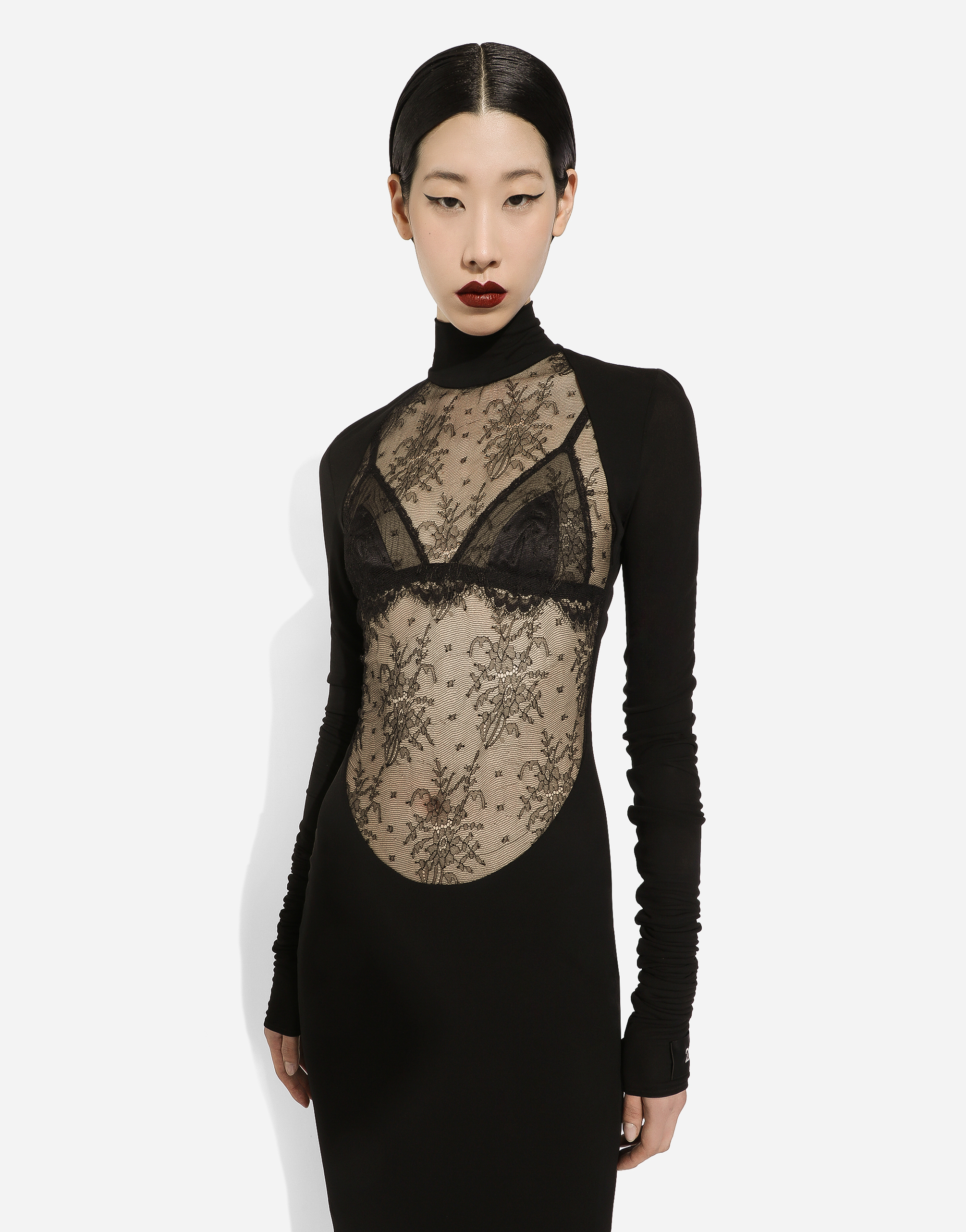 Jersey calf-length dress with Chantilly lace insert